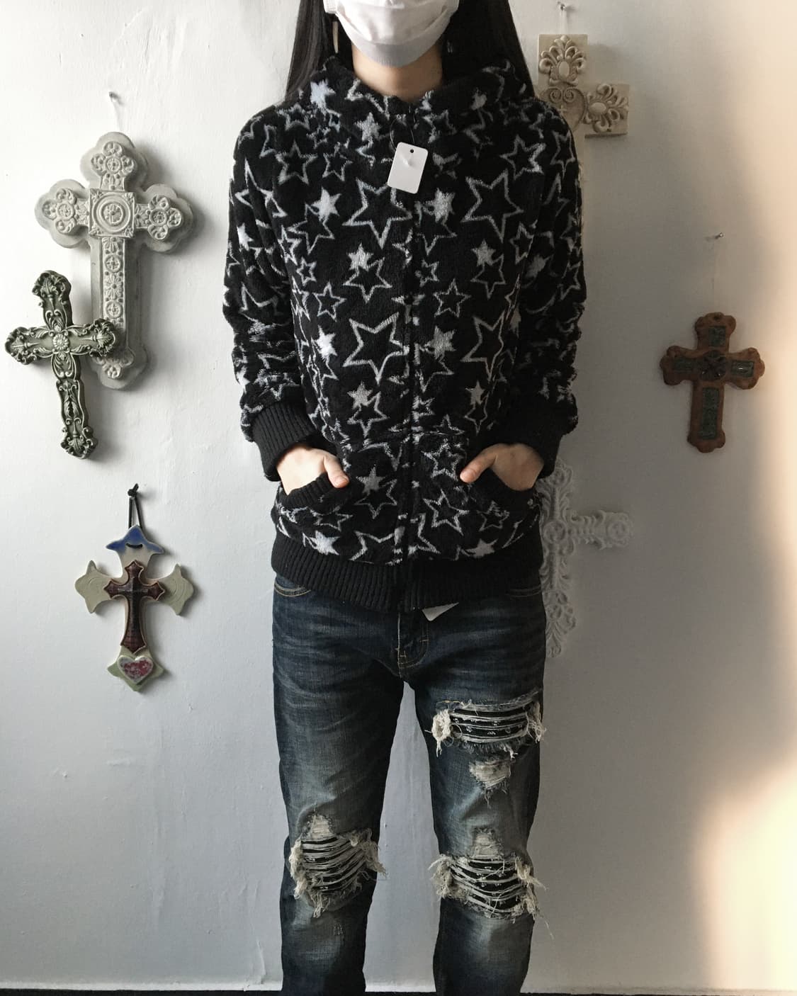 Star pattern fleece hood zip up 상품이미지8