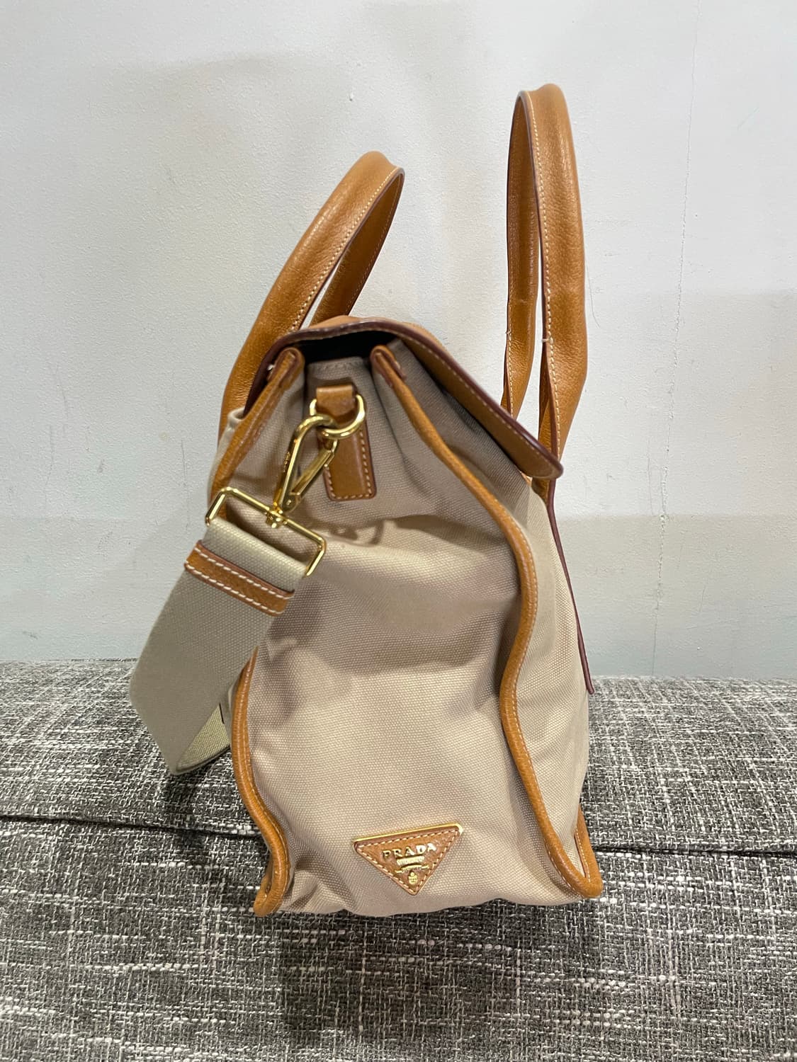 프라다 가죽 캔버스 토트백 베이지/브라운 정품 상품이미지3