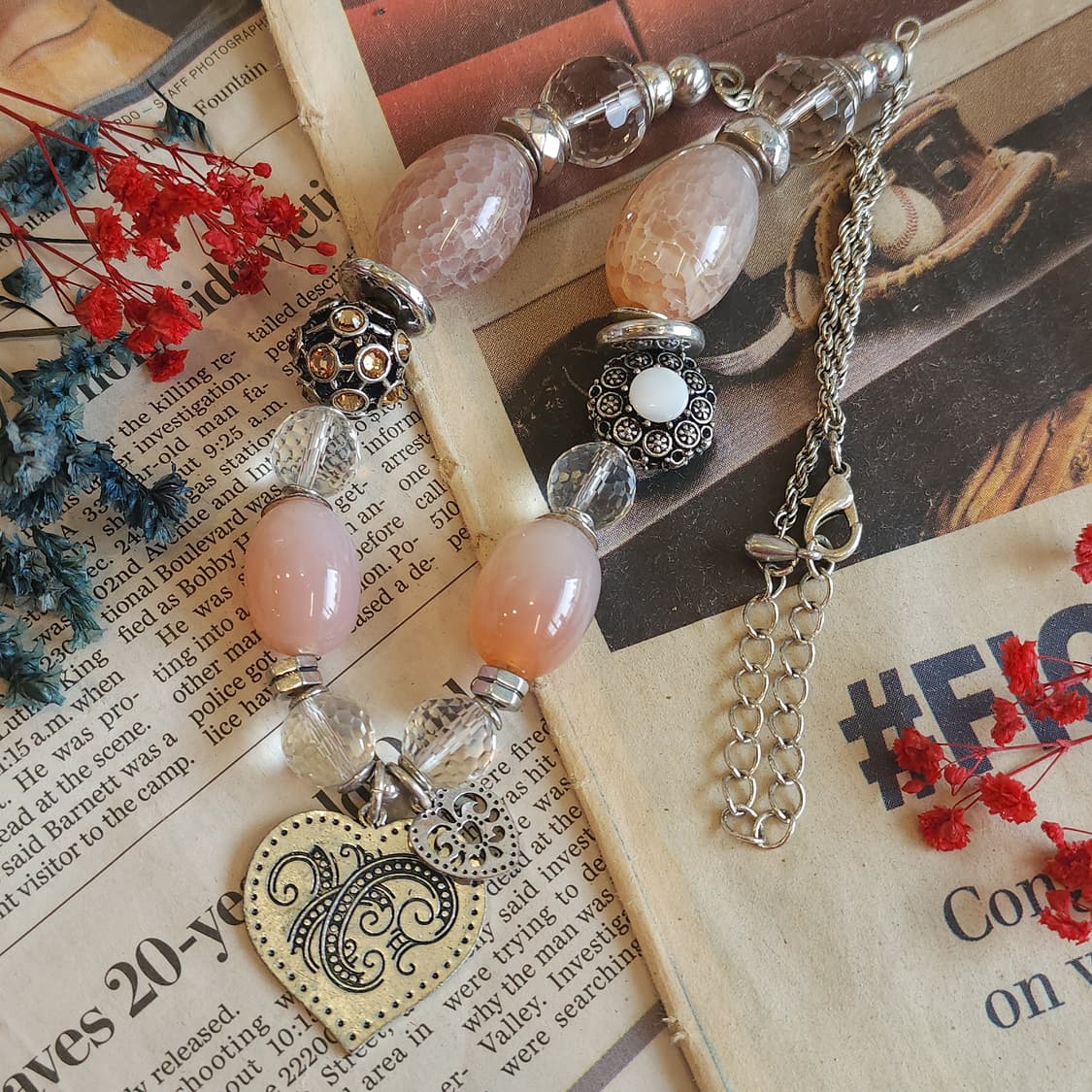 90s 프랑스 빈티지 에스닉 피치 원석 하트참 레이어드 목걸이 상품이미지1