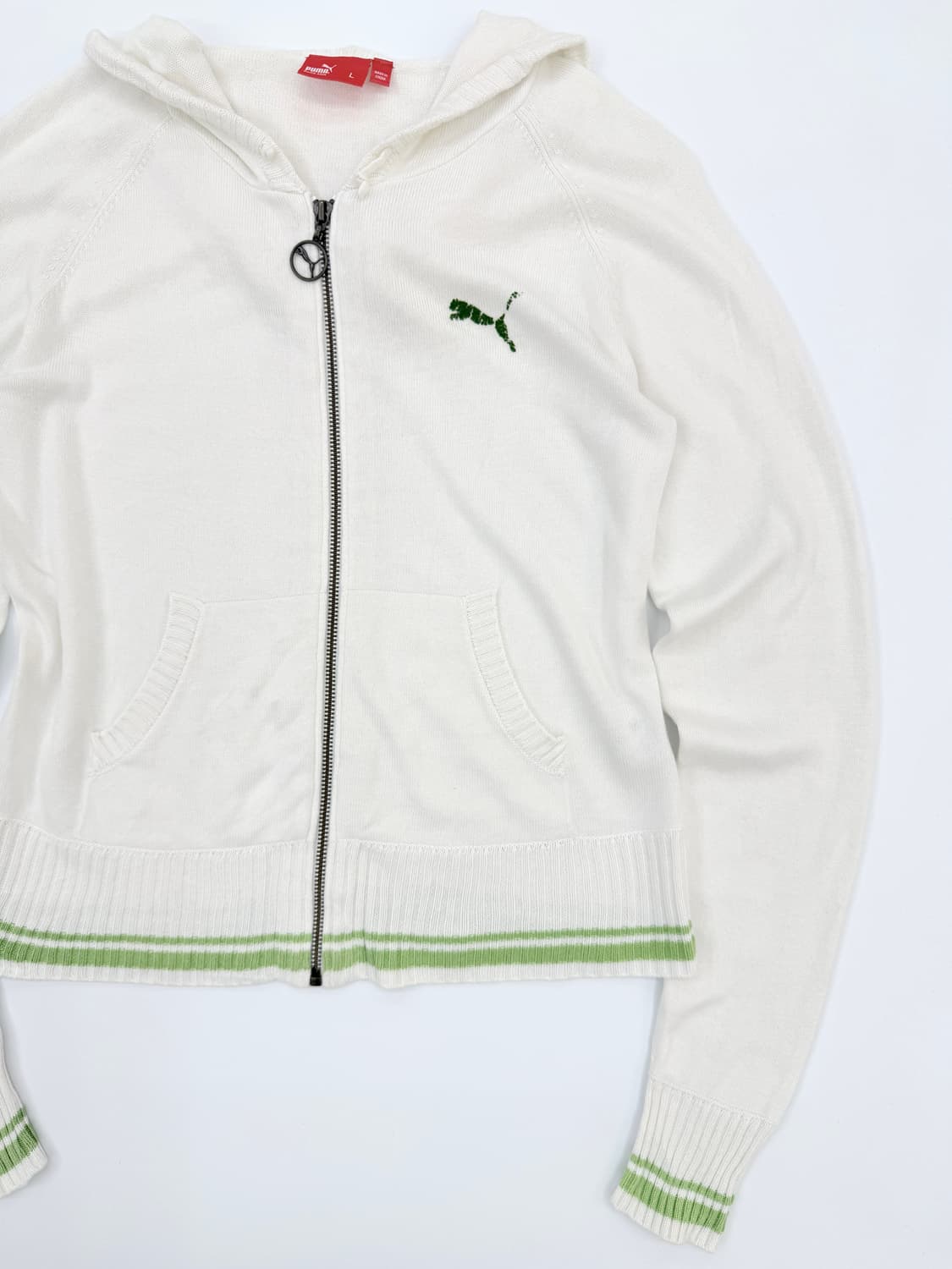 빈티지 PUMA 화이트 그린 시스루 롱슬리브 니트 후드 집업 상품이미지4
