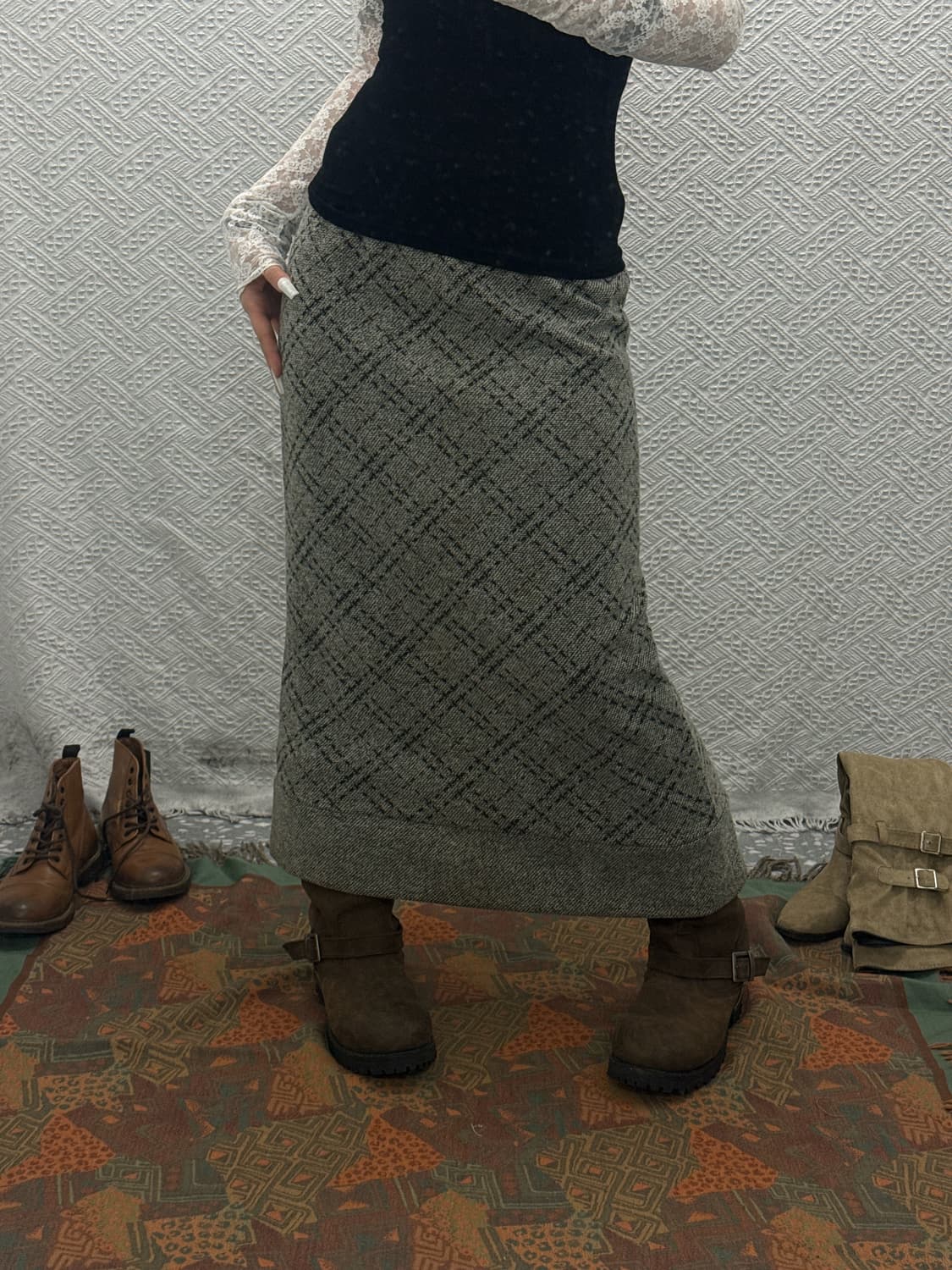 빈티지 캐주얼 모직 스티치 헤링본 트임 롱스커트 K0090 상품이미지1