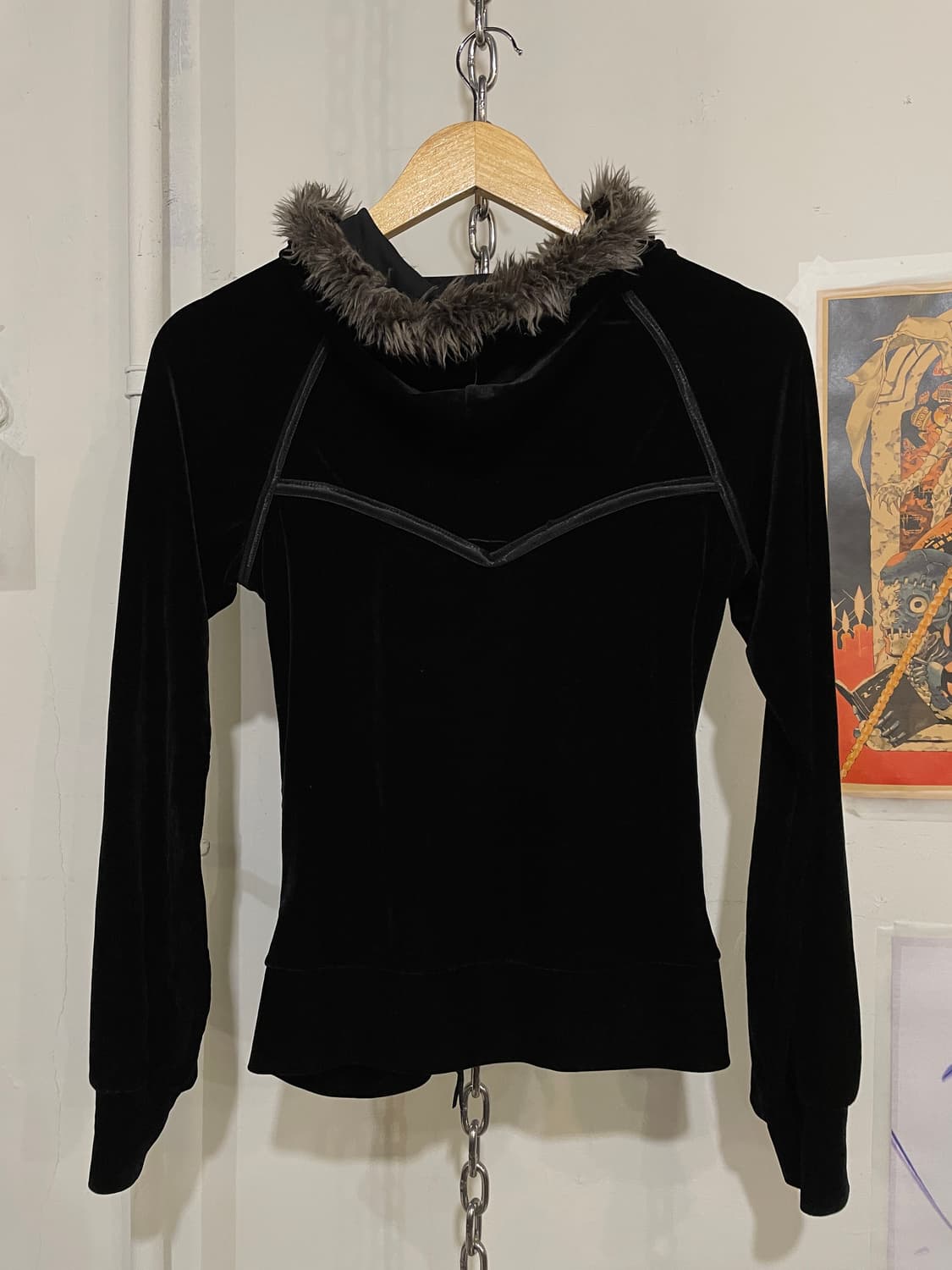 골드 체인 스트랩 벨벳 퍼 블랙 후드집업 y2k 펑크 갸루 상품이미지5