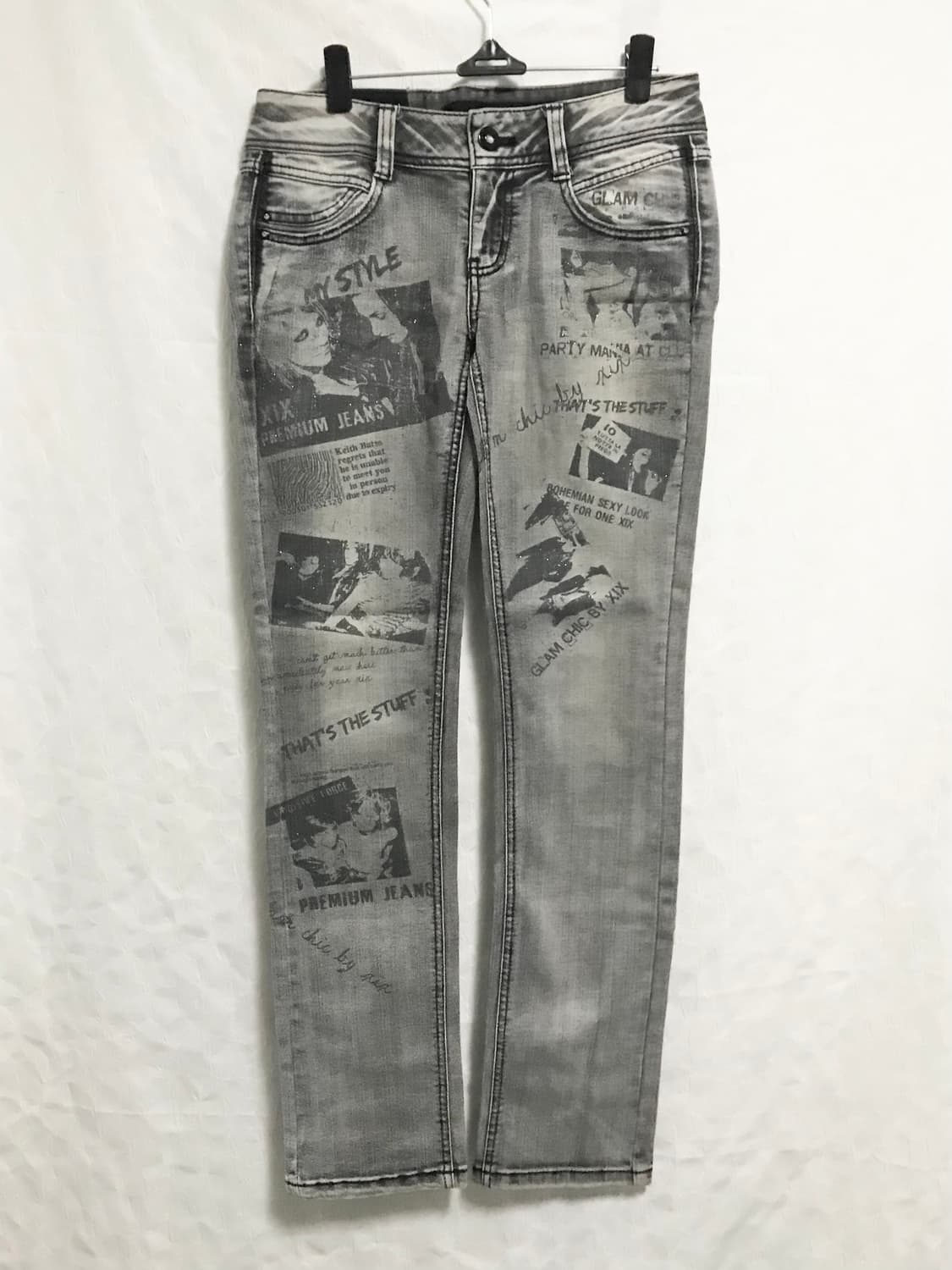 빈티지 펑크 나나깔 글리터 프린팅 로우라이즈 데님 팬츠 상품이미지2