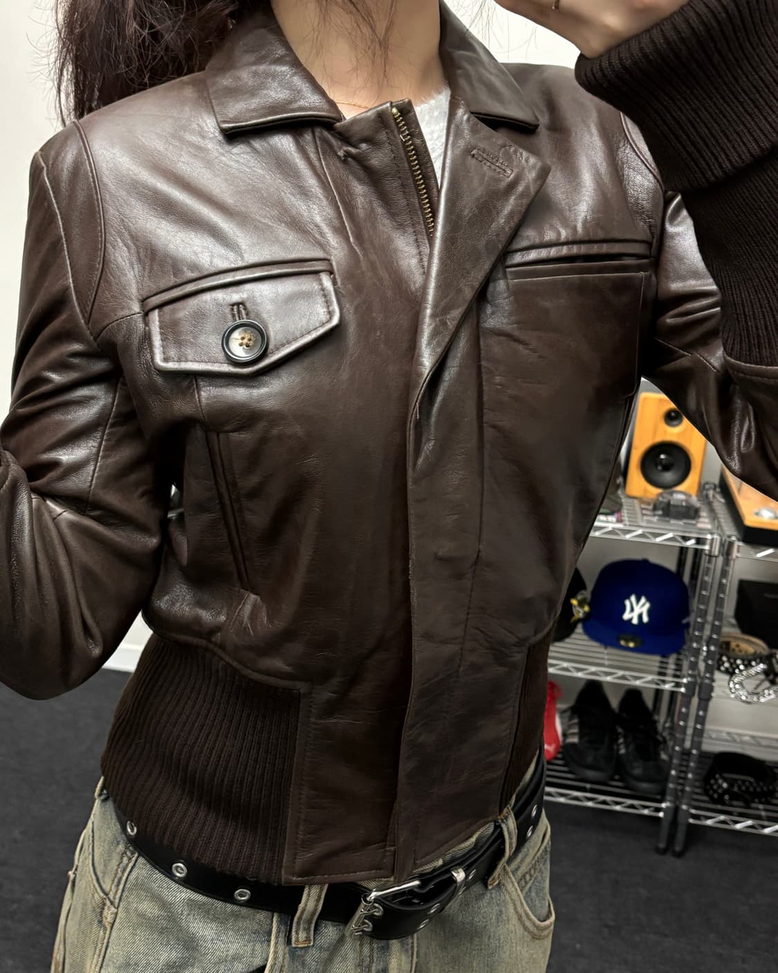 올드 빈티지 브라운 레더 바이커 자켓 상품이미지2
