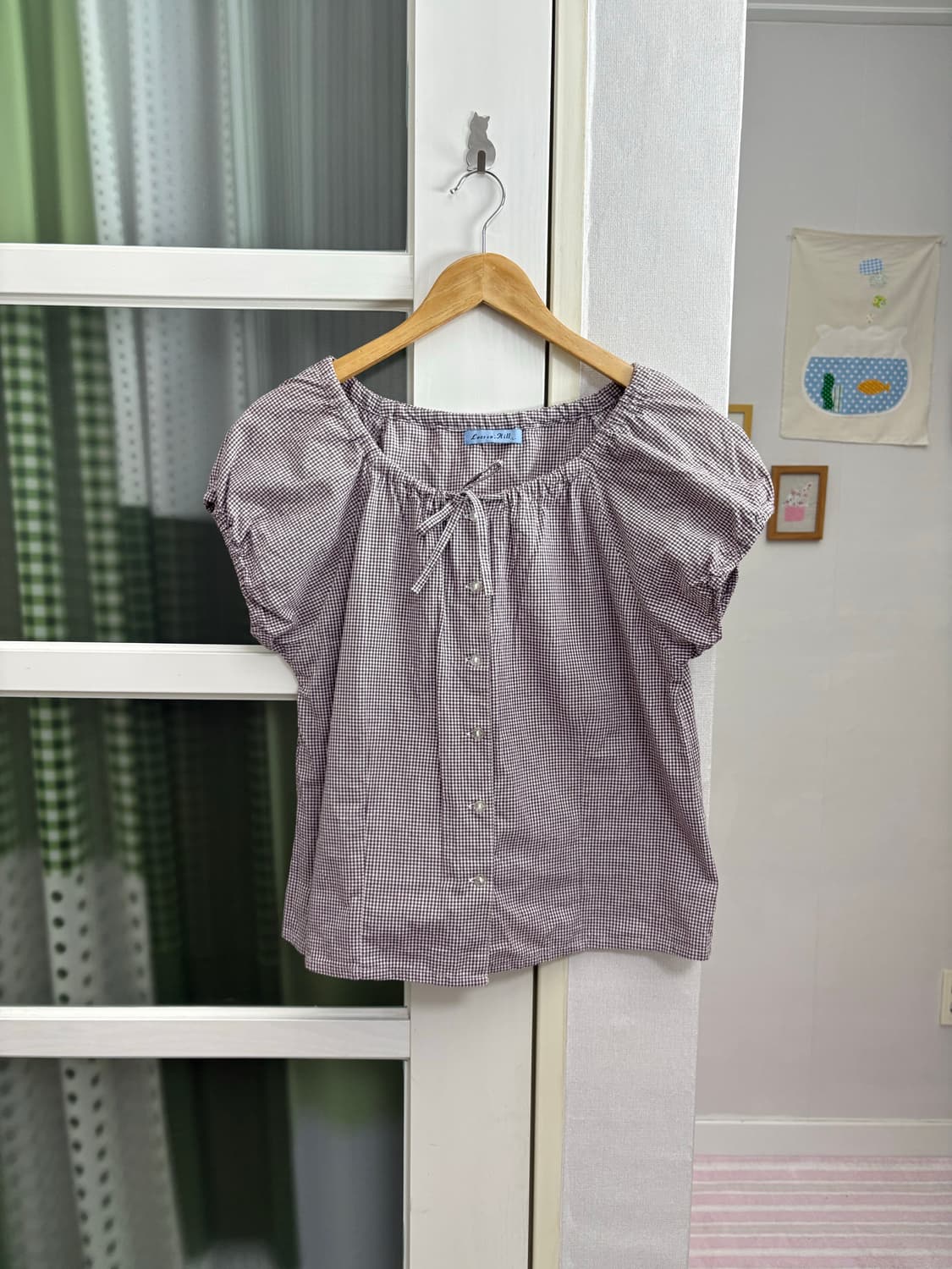 퍼플 체크 반소매 블라우스 상품이미지1