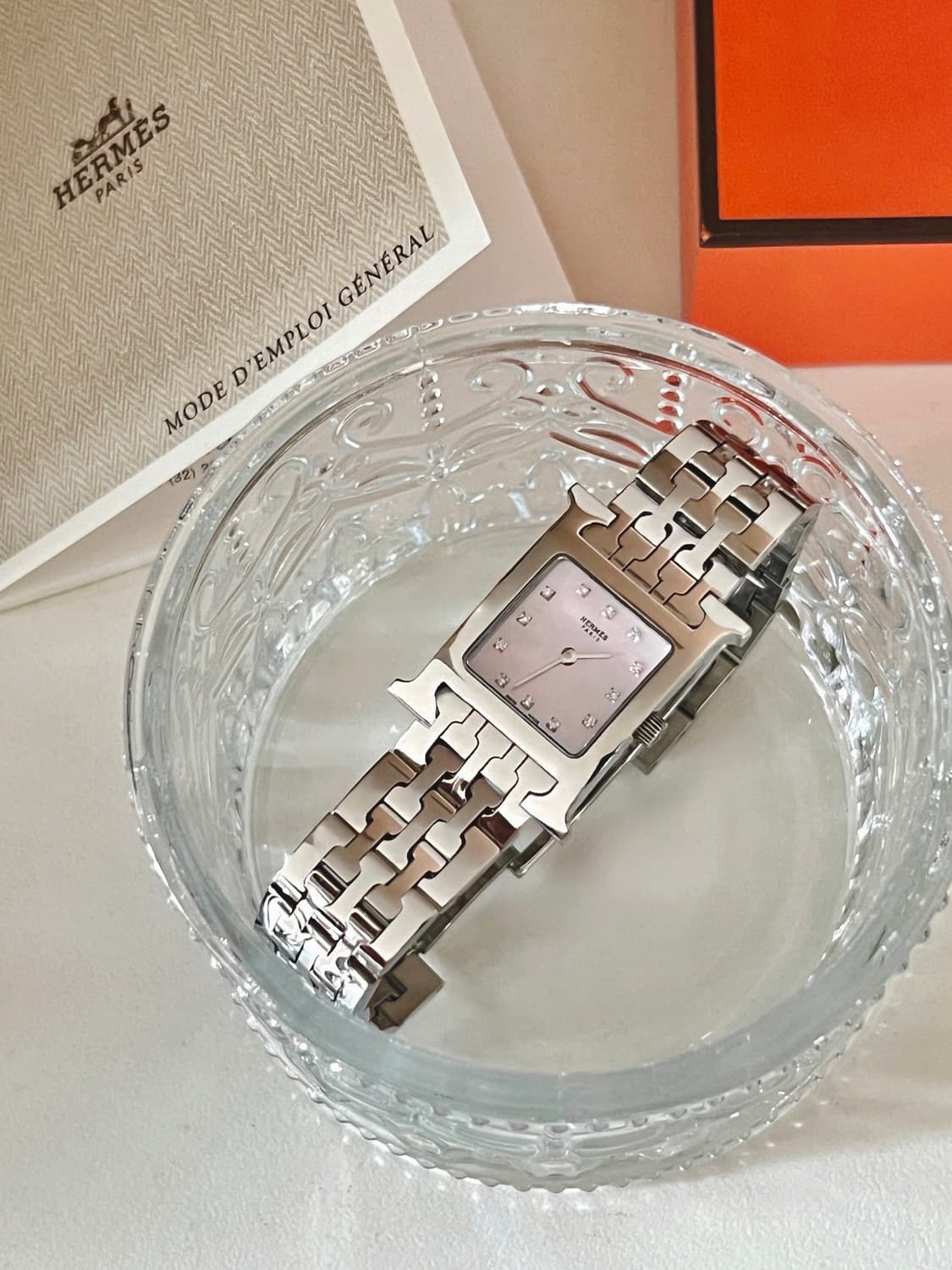 HERMES 에르메스 12p 다이아 핑크 쉘 H 아워 시계 상품이미지6