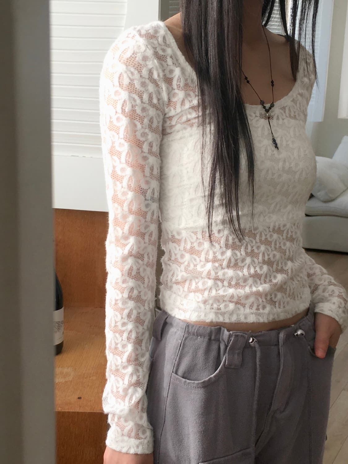 히솝 발레코어 리본 시스루 레이어드 딥 유넥 긴팔 티셔츠 상품이미지1