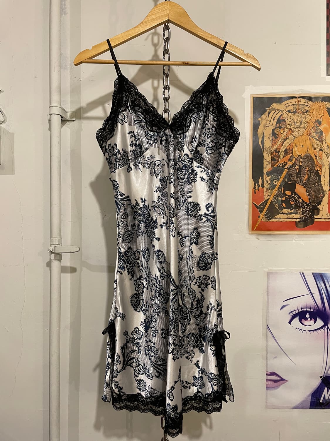 네이비 플라워 레이스 리본 절개 실버 슬리브리스 원피스 오리엔탈 상품이미지3