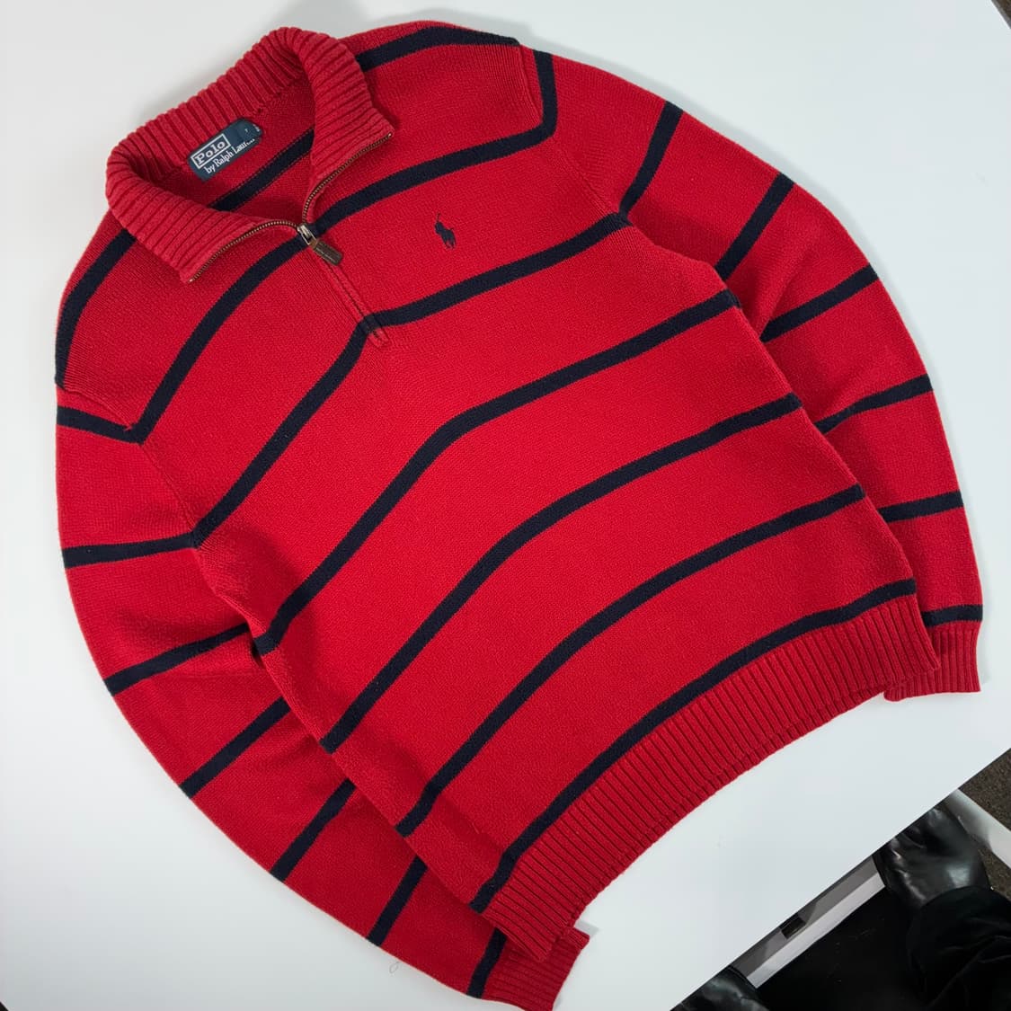 Polo 폴로 랄프로렌 자수 코튼 레드 스트라이프 반집업 니트 상품이미지2
