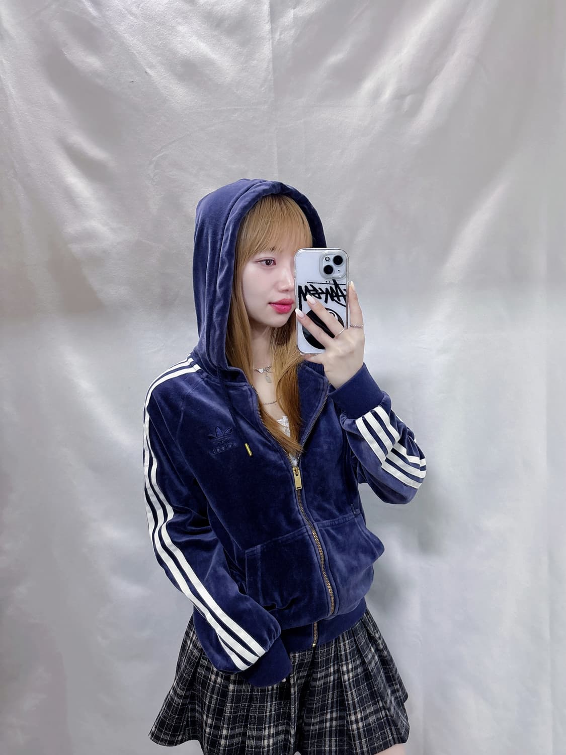 아디다스 벨벳 삼선 네이비 오버핏 후드집업  상품이미지1