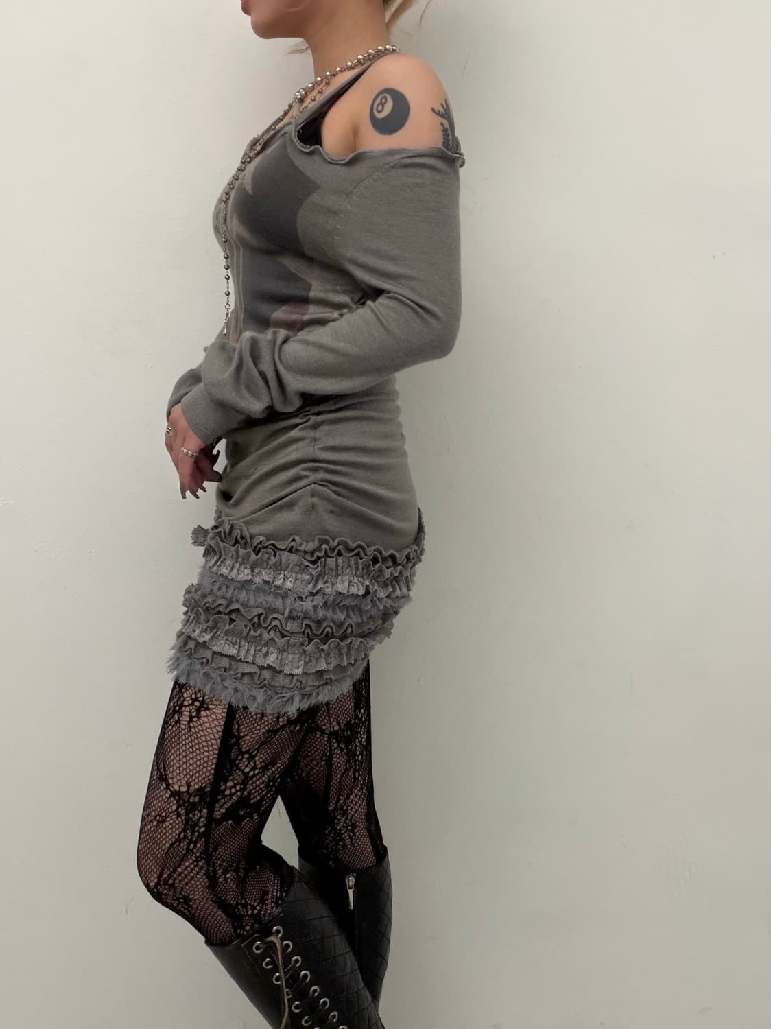 니트 오프숄더 셔링 원피스  상품이미지3