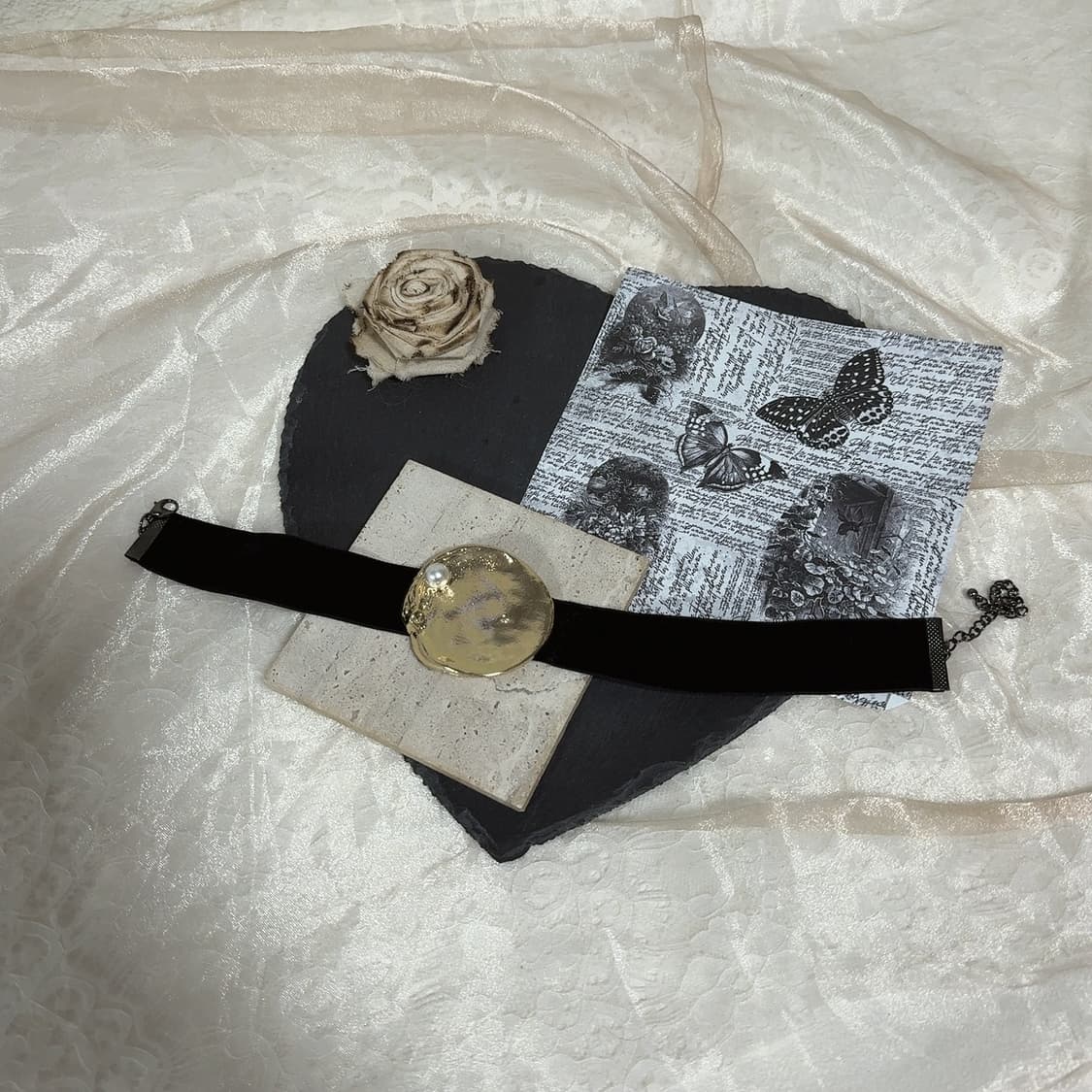 빈티지 고딕 벨벳 진주 메탈 초커 목걸이 상품이미지2