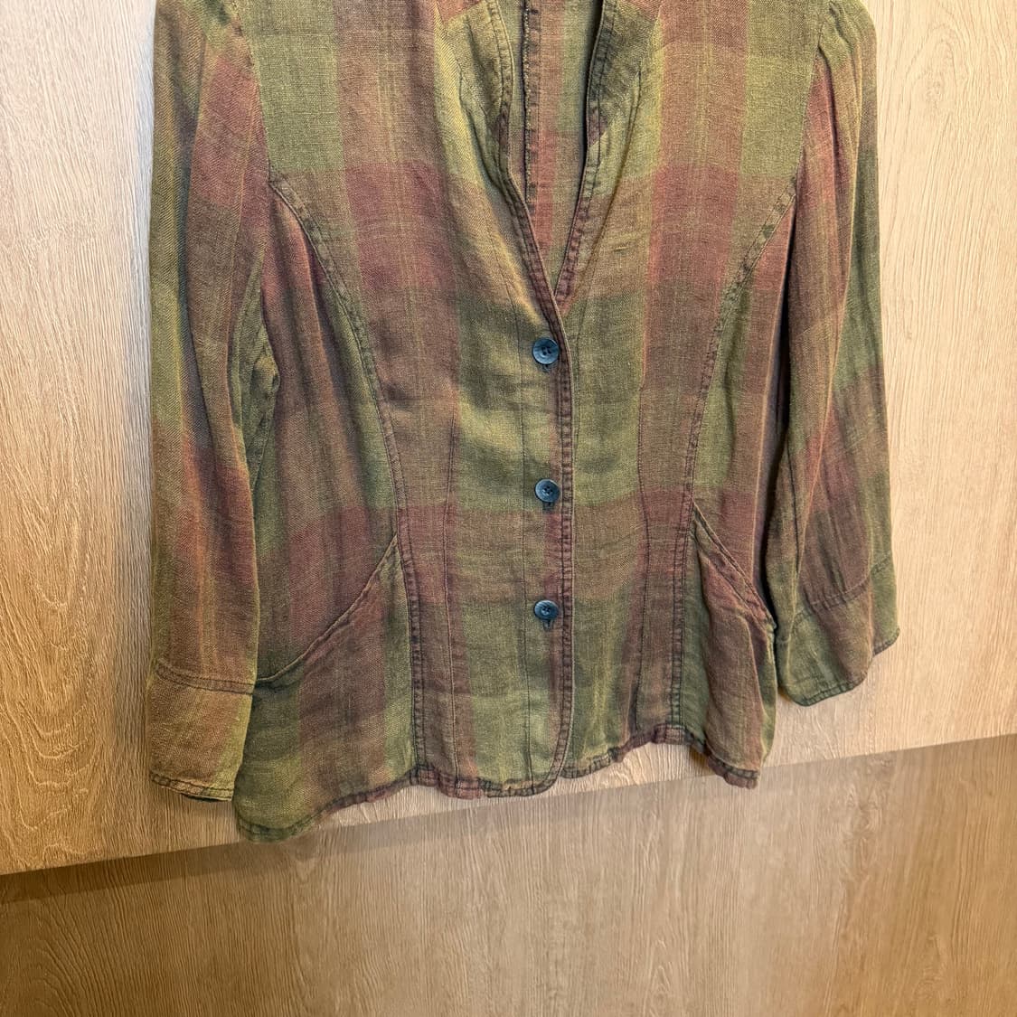 빈티지 린넨 자켓 체크 패턴 7부 슬리브 디테일 카키 브라운 상품이미지4