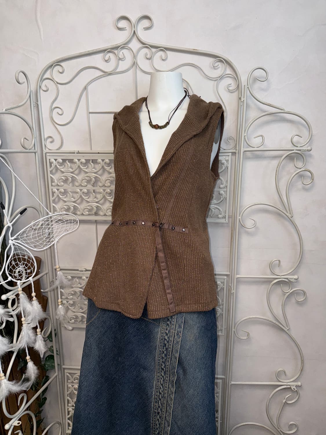 Brown glitter wrap button hood vest 상품이미지4