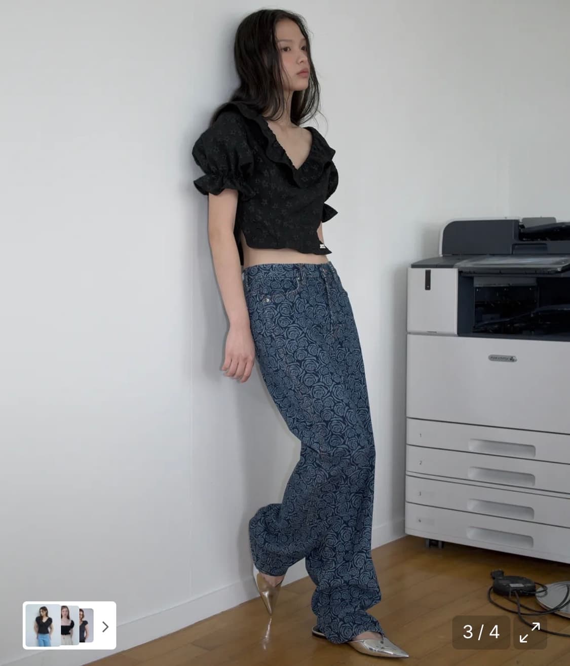 오버듀플레어 러플 자카드 블라우스 블랙 상품이미지4