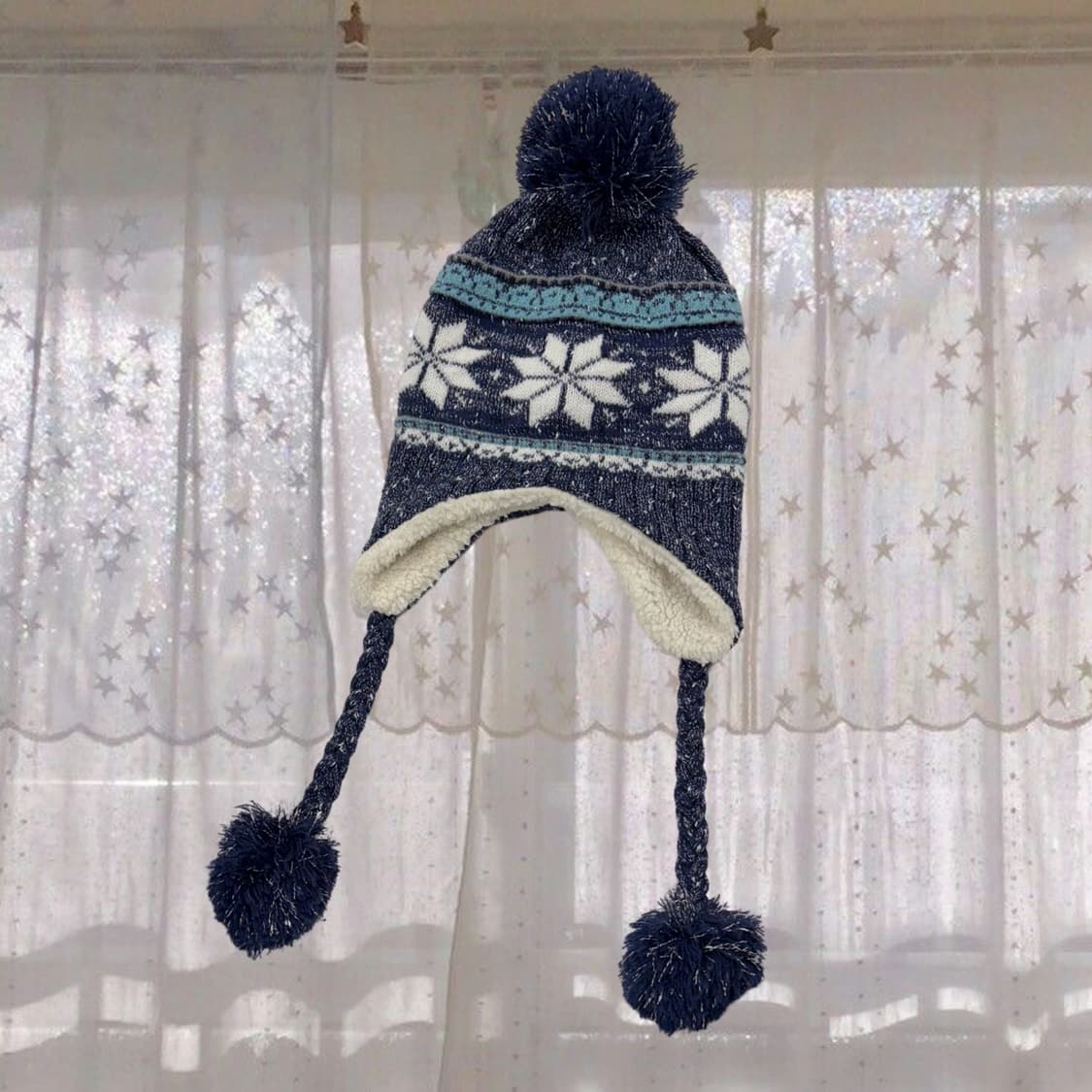 빈티지 눈꽃 블루 폼폼 방울 귀도리 모자 트루퍼햇 일본 상품이미지1