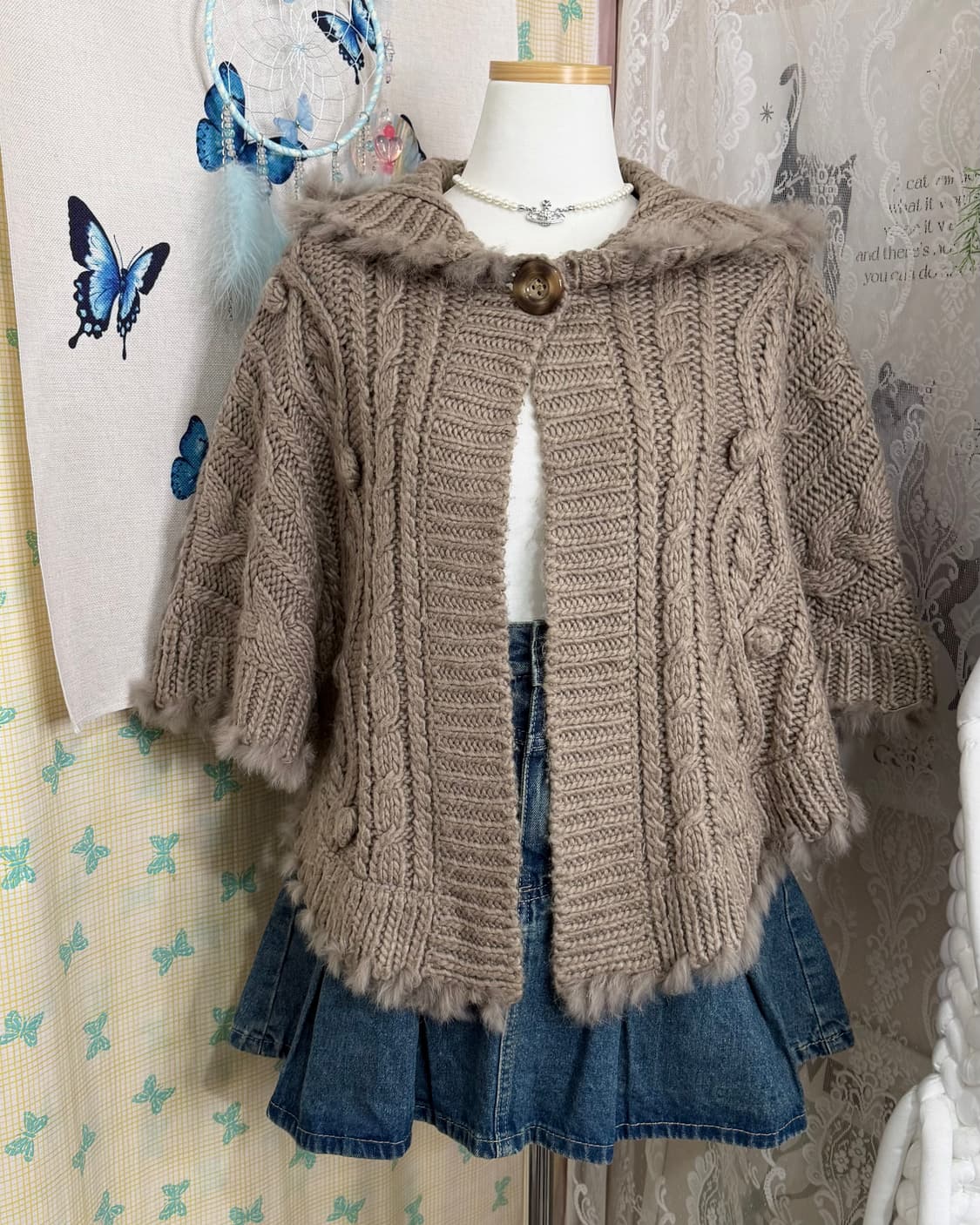 코코아 브라운 꽈배기 후드 케이프 가디건 상품이미지7