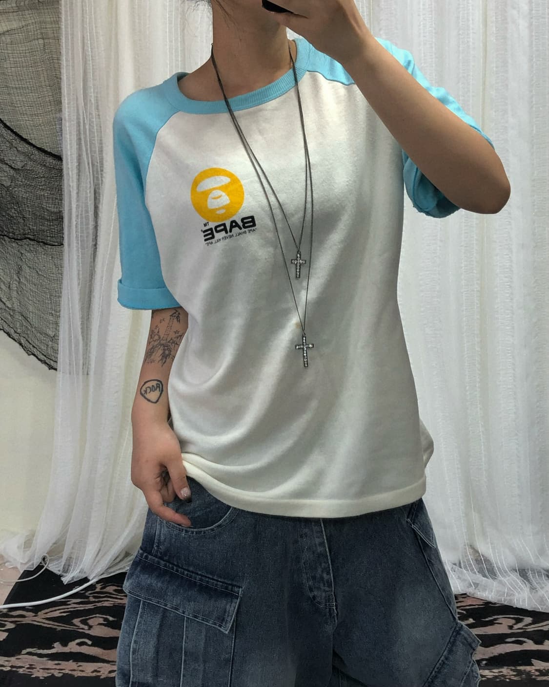 90’s bape 레글런 화이트 스카이블루 로고 탑 상품이미지1