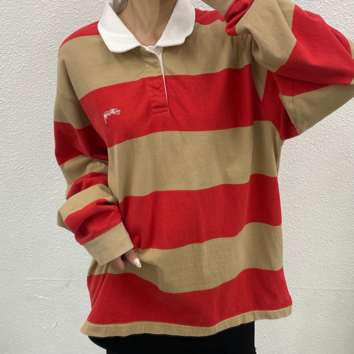 스투시 베이지 단가라 오렌지 pk 긴팔티 XL 상품이미지5