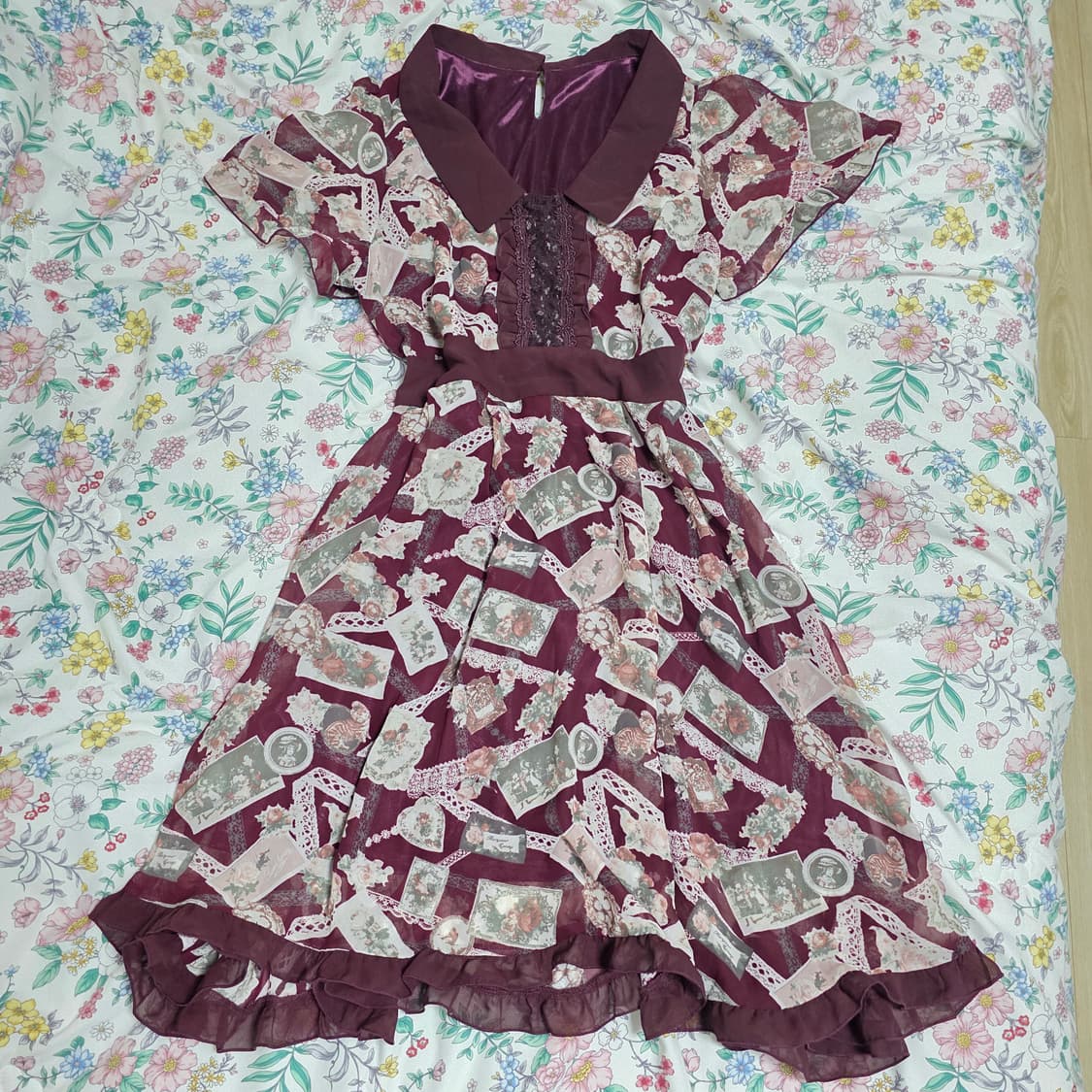 엑시즈팜 고전일본빈티지)버건디 앤틱로즈 레이스 플로럴 클래식유럽풍 원피스 상품이미지1