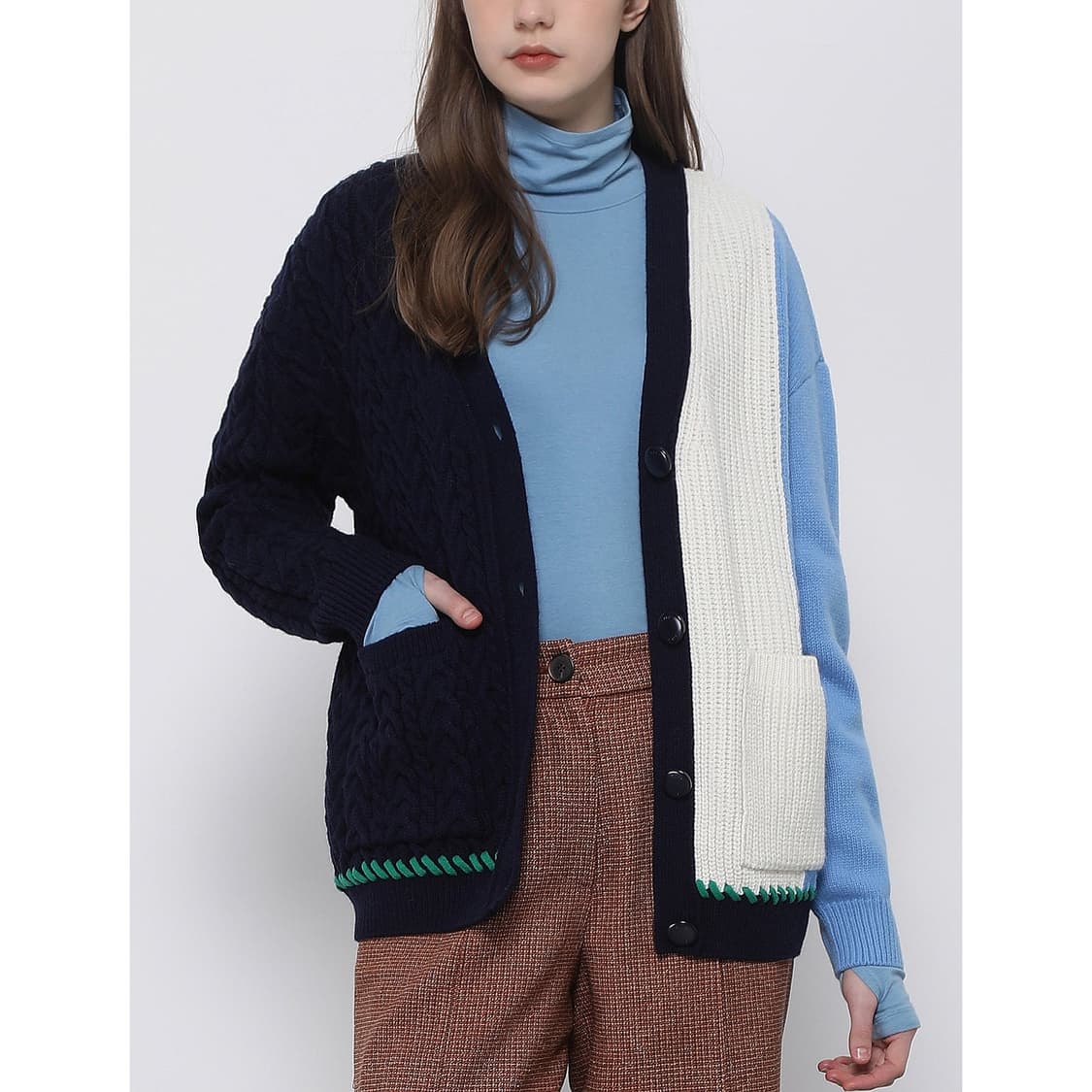 SJYP 컬러 블록 케이블 니트 가디건 상품이미지1