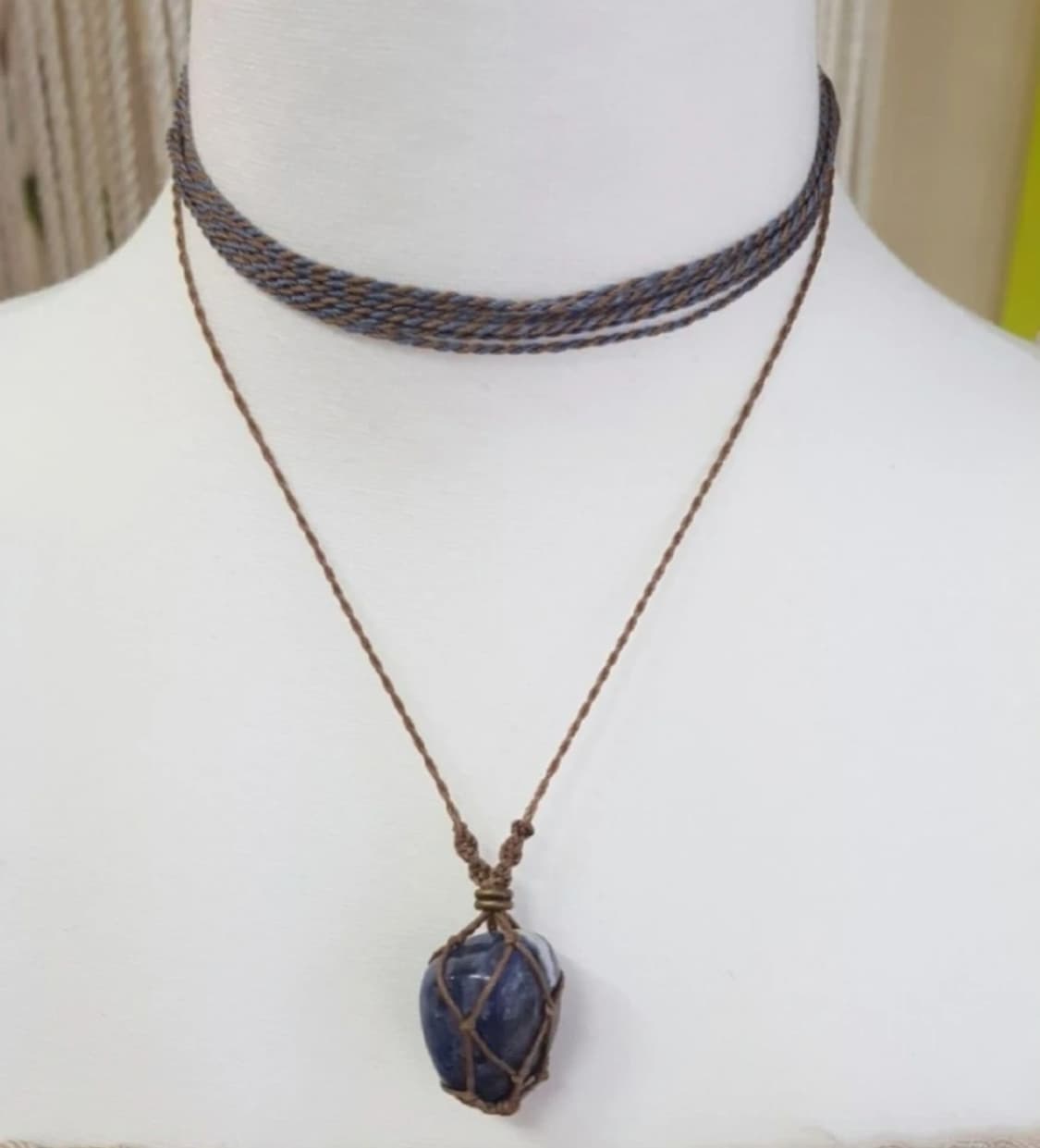 천연 원석 블루 플루오라이트 마크라메 롱목걸이 초커 이중 네크리스 목걸 상품이미지1