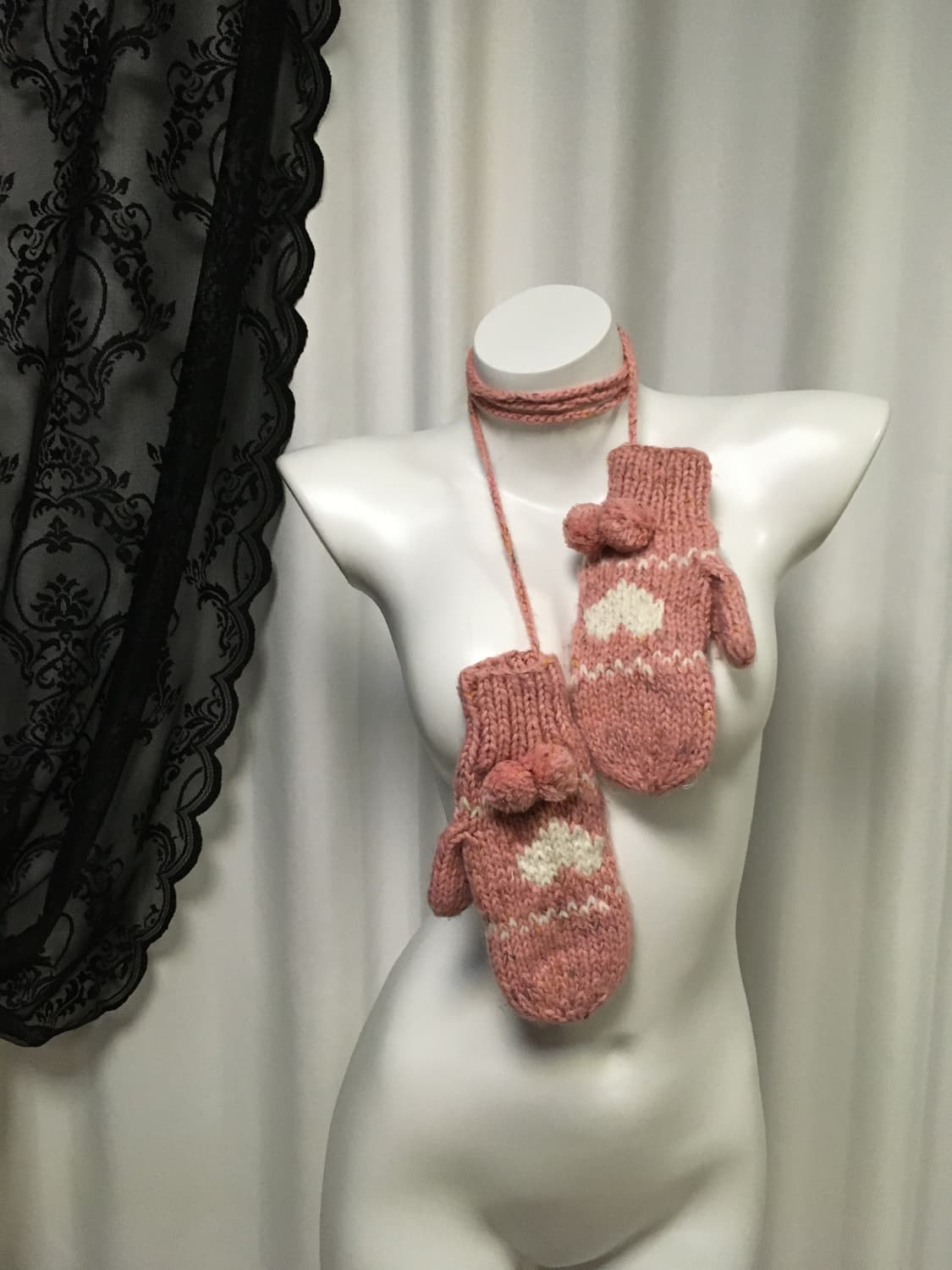 Vintage 하구미 모리걸 하트 뜨개자수 니트 벙어리장갑 뮤트핑크 상품이미지2