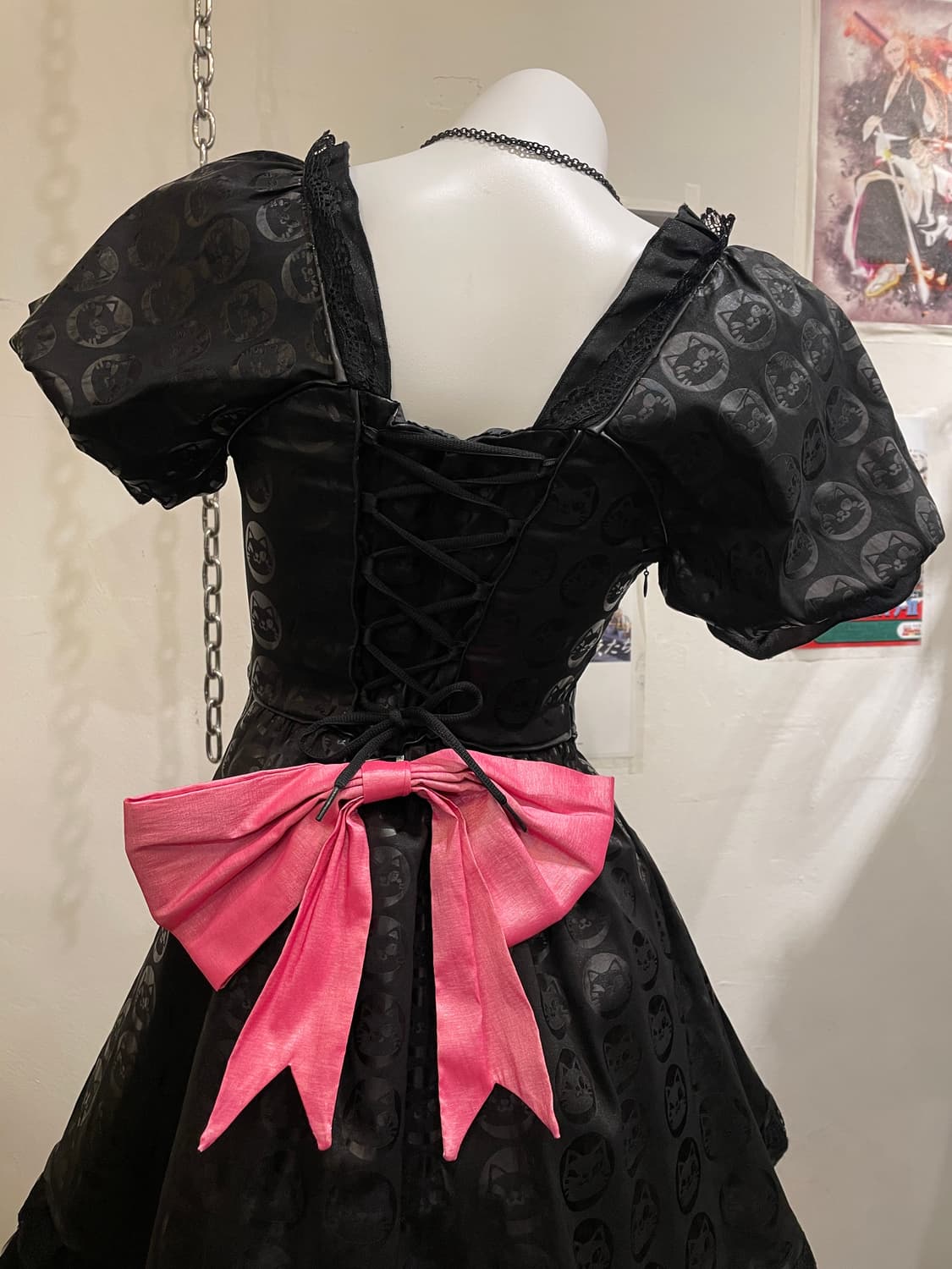 고양이 패턴 아일렛 리본 레이스 레이어드 블랙 원피스 고스 로리 펑크 상품이미지5