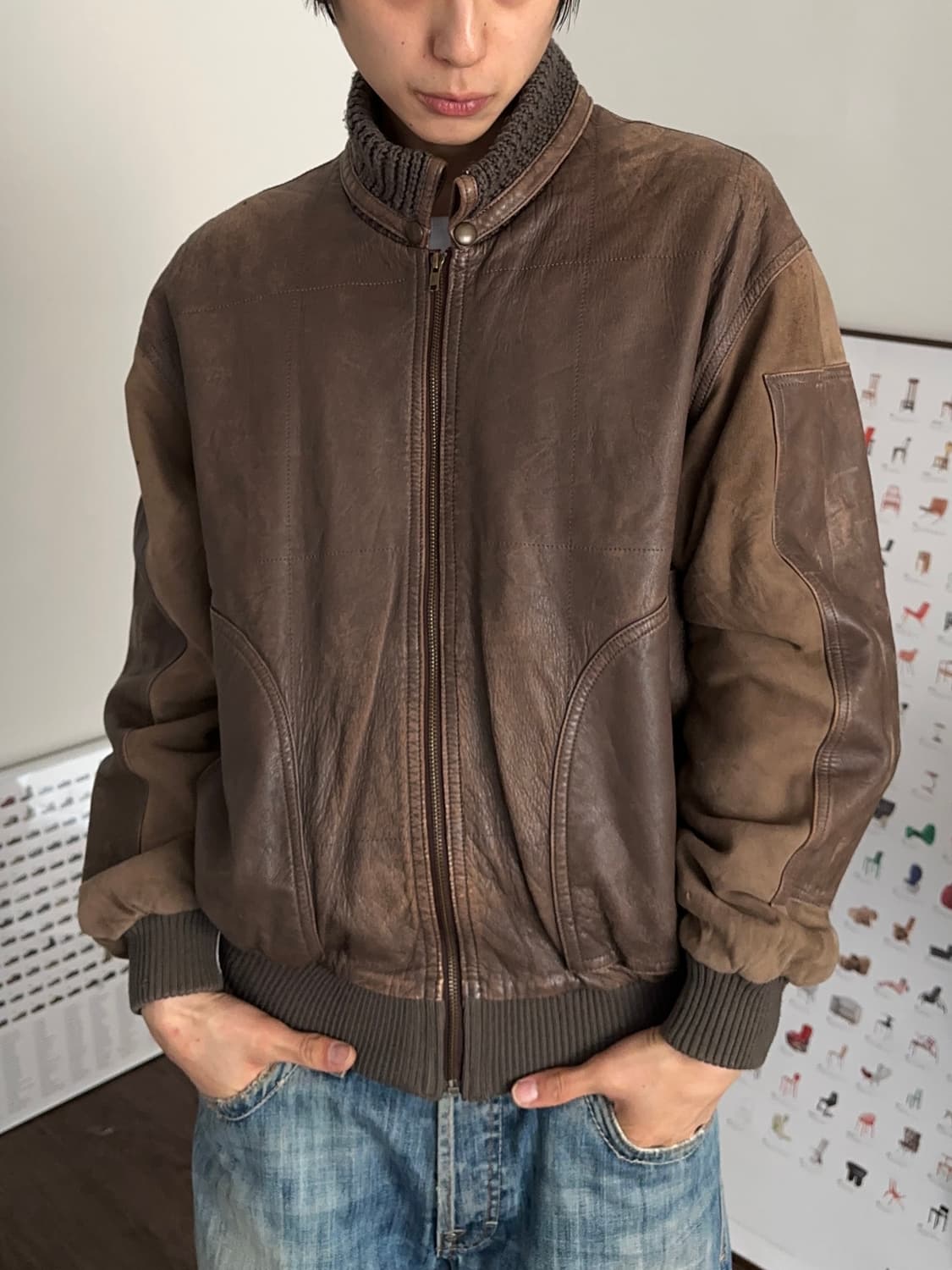 Hill Crest 니트리브 레더 봄버 상품이미지5