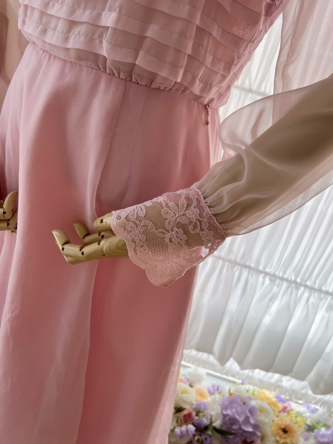 시스루 레이스 넥 쉬폰 플리츠 원피스 상품이미지8