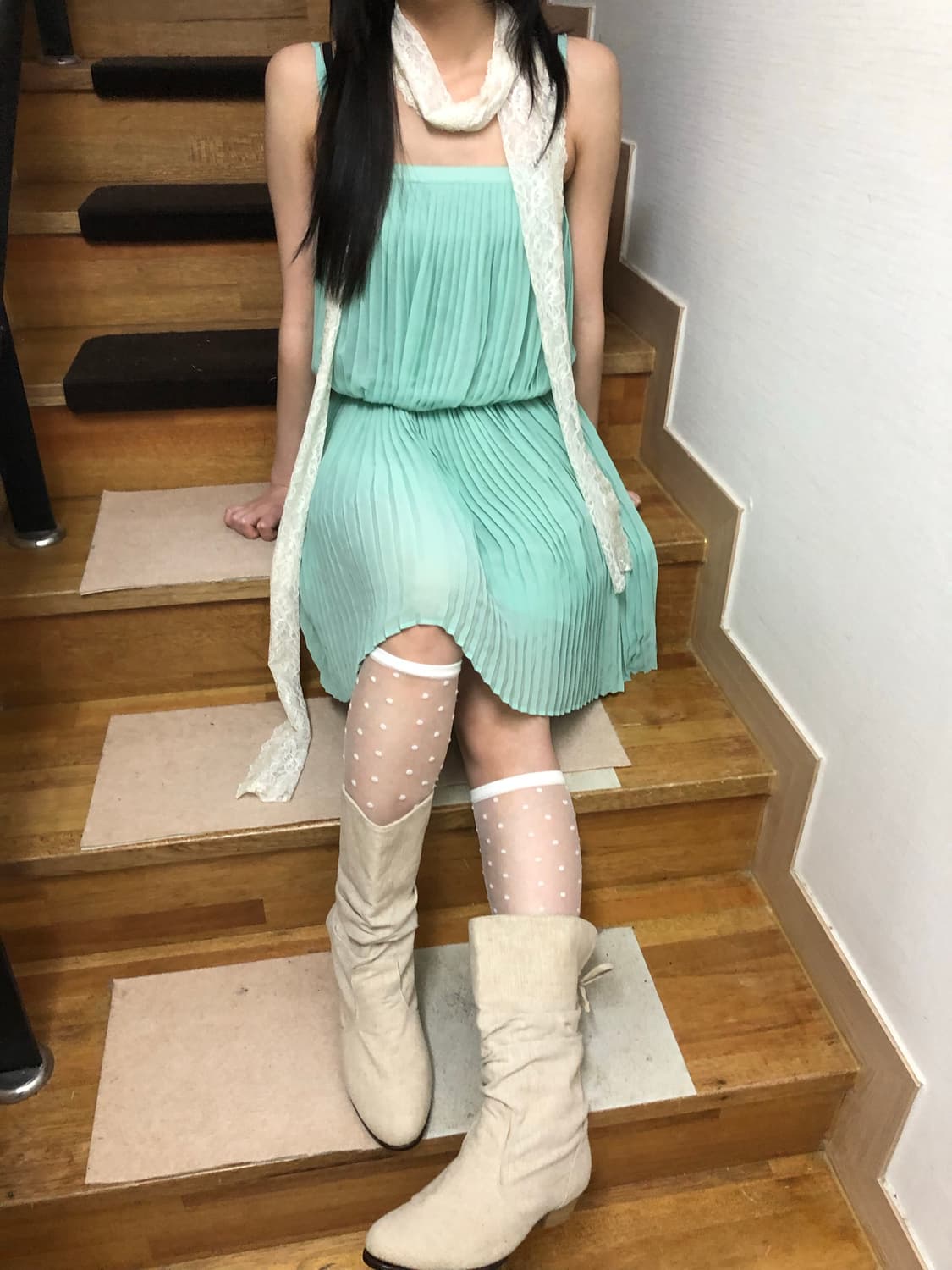 빈티지 민트 플리츠 원피스 상품이미지2