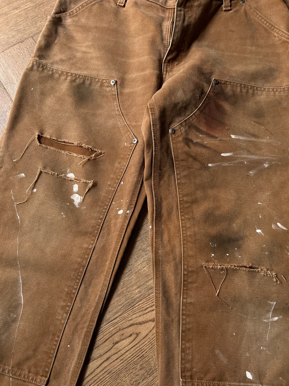 [34]칼하트 USA 빈티지 데미지드 페인팅 브라운 더블니 워크 팬츠 상품이미지4