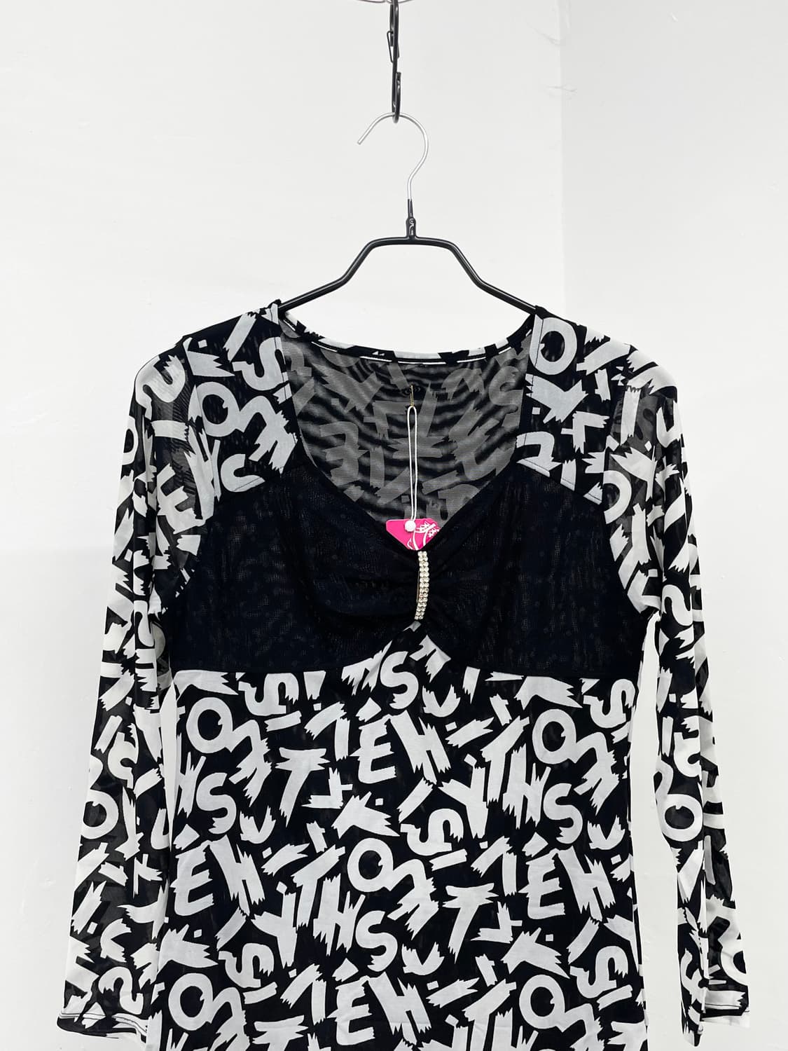 갸루 레터링 큐빅 리본 탑 상품이미지6