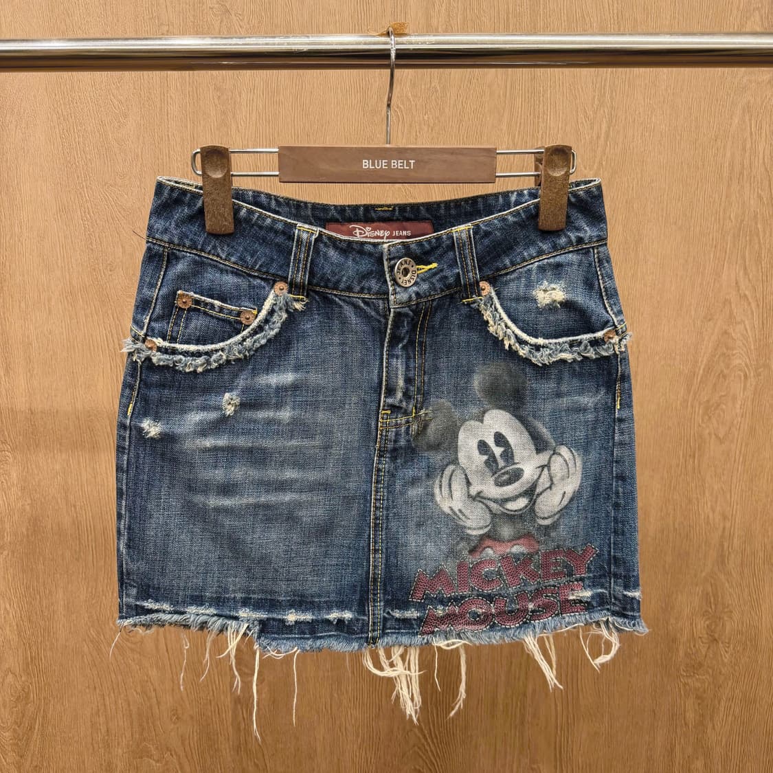 디즈니 진스 데님 미니 스커트 미키 프린팅 밑단 프린지 디테일 중청 상품이미지2