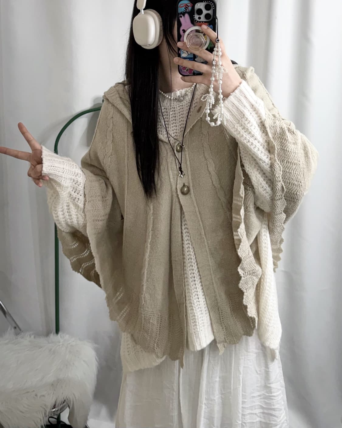 화이트 & 베이지 케이프 니트 롱 세트 🪽 상품이미지1