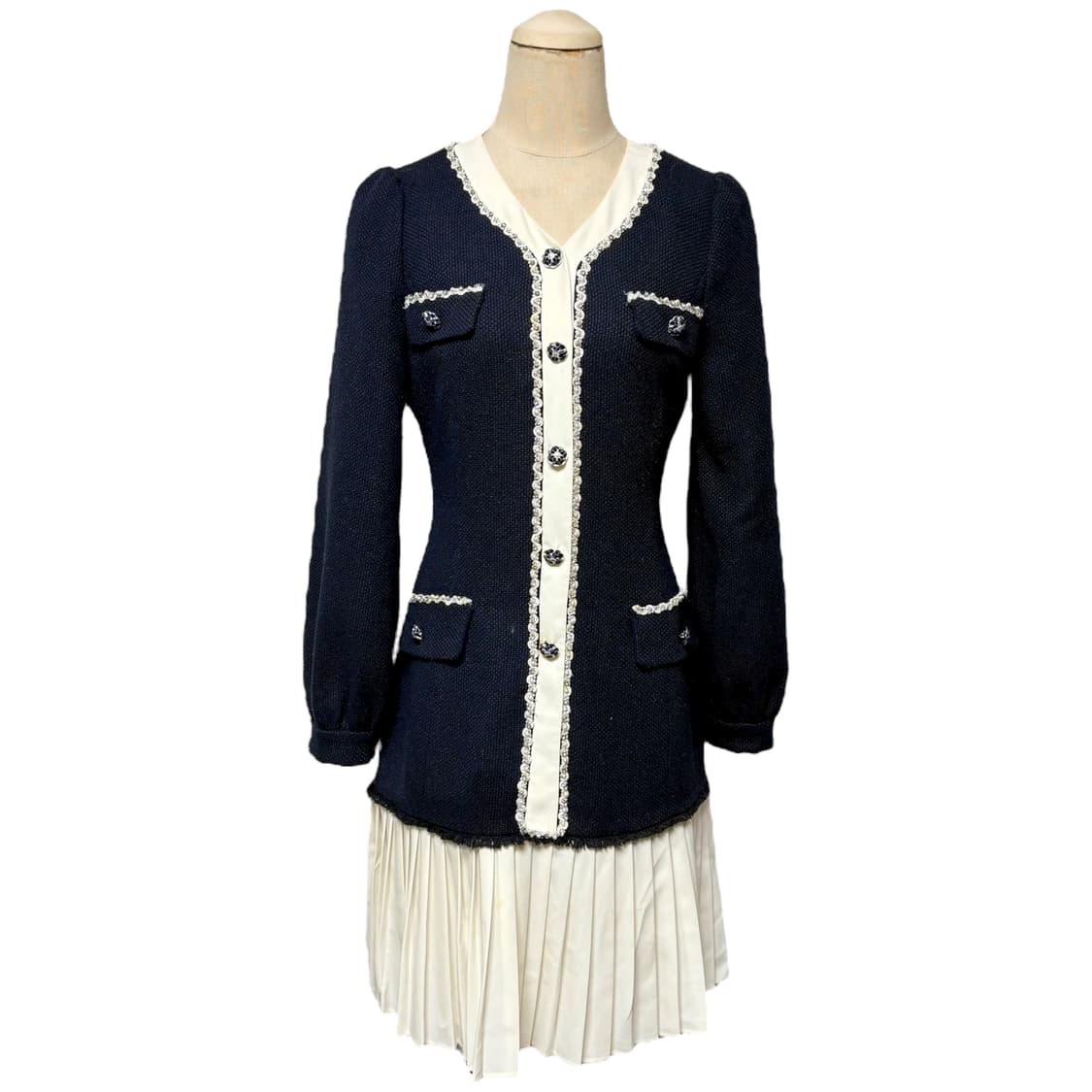 3695 네이비 아이보리 플리츠 트위드원피스 상품이미지1