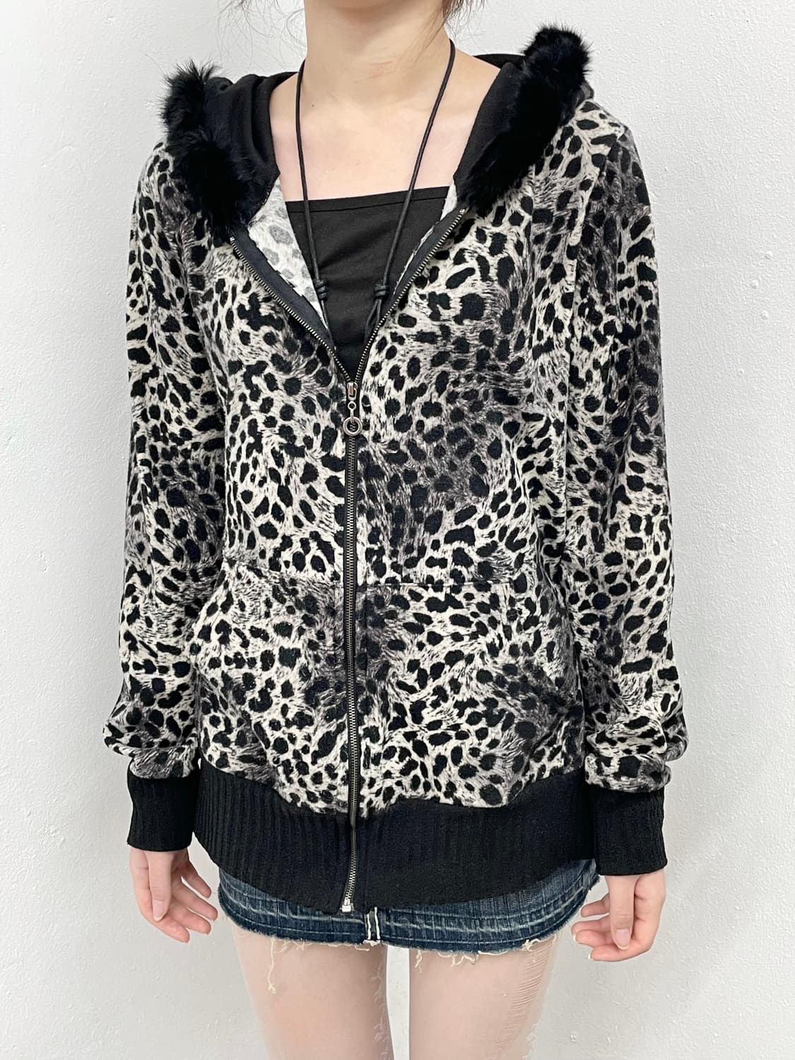 갸루 블랙 레오파드 퍼집업🖤 상품이미지2
