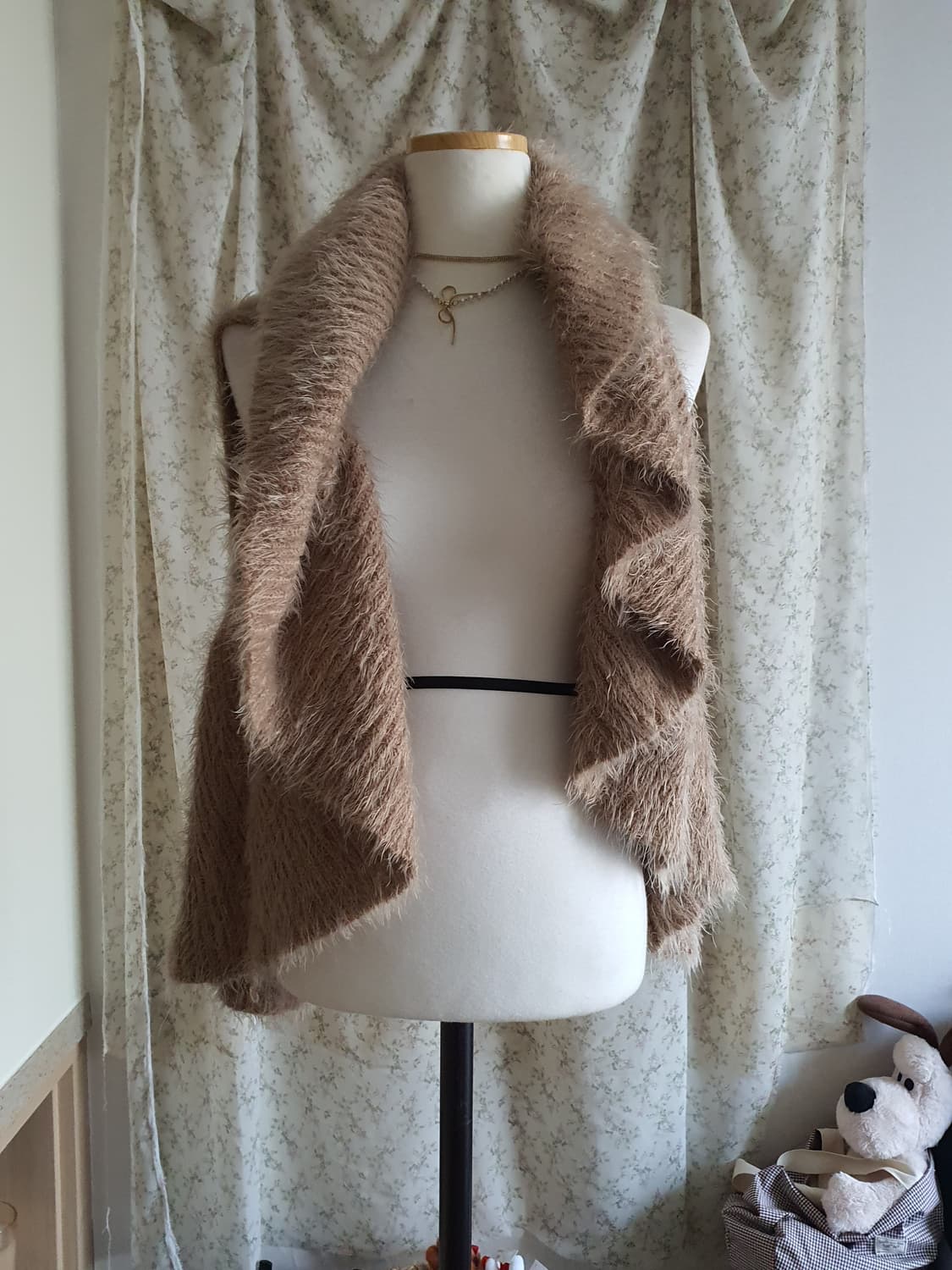 [갸루] 퍼 베스트 뜨개 조끼 브라운 여성용 상품이미지1