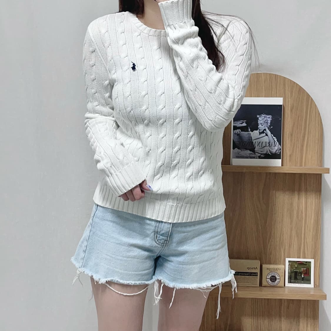 [정품] 폴로 화이트 / 네이비포니 꽈배기 라운드 니트 [ M ] 상품이미지2
