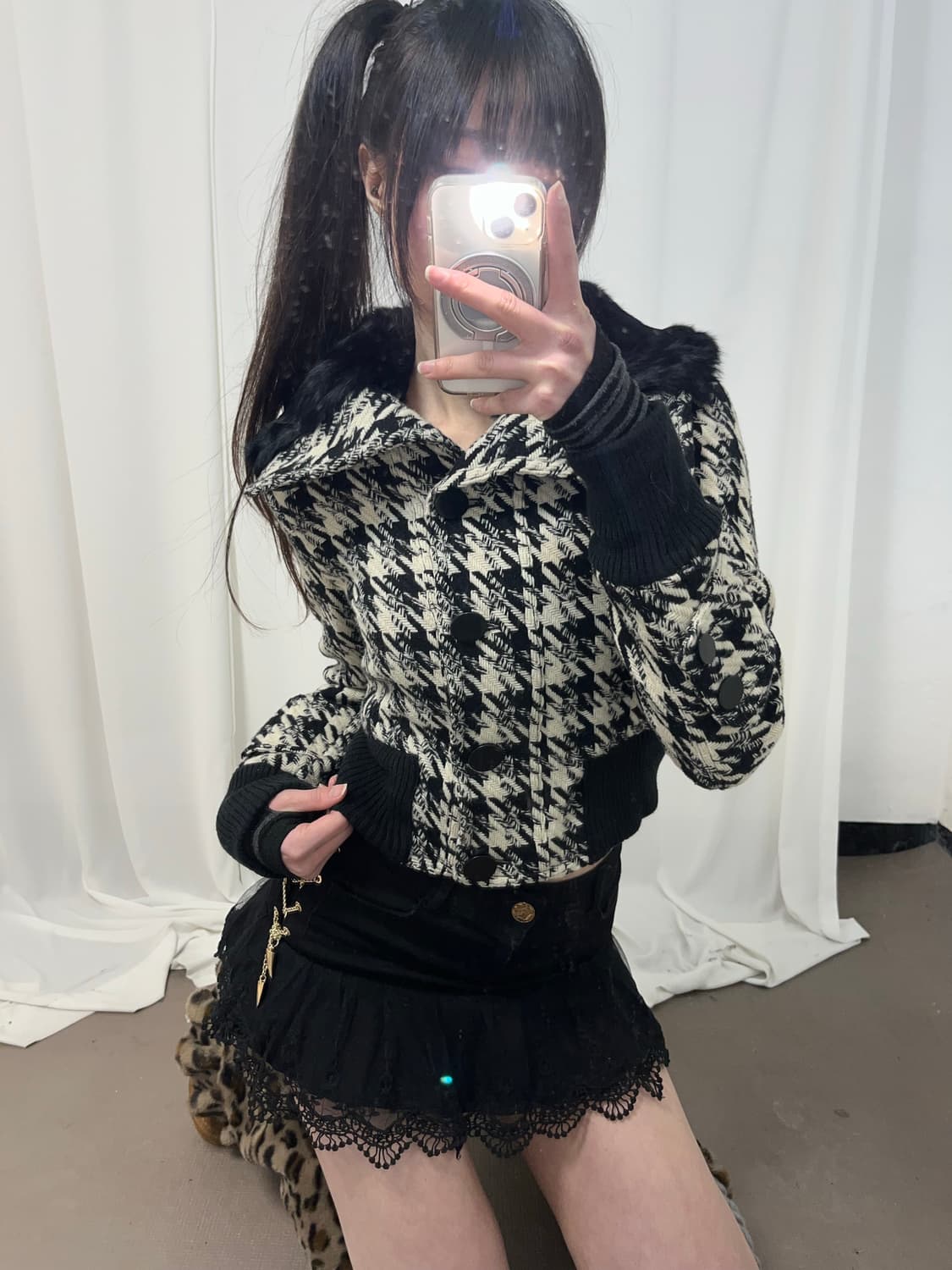 체크 카라 래빗퍼 숏코트 자켓 상품이미지6