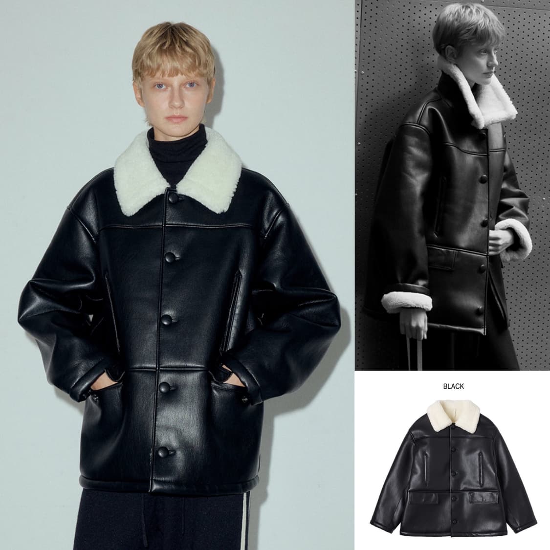 씨타 울 블렌드 시어링 폭스 레더 무스탕 코트 블랙 새상품 상품이미지1