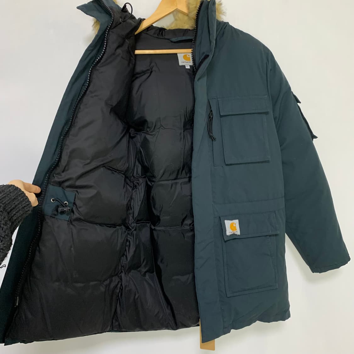 칼하트 빈티지 퍼 후드 야상 패딩 블루그린 남성 XS 남녀공용 상품이미지5