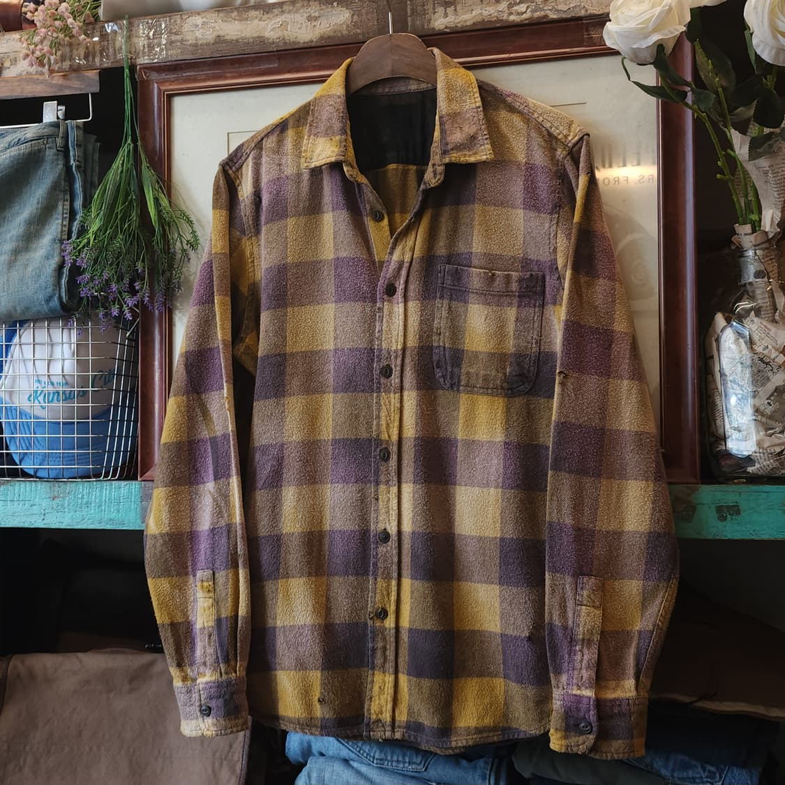 90s 빈티지 체크셔츠 헤비 플란넬 워크셔츠 썬페이딩 퍼플 옐로우 L 상품이미지2