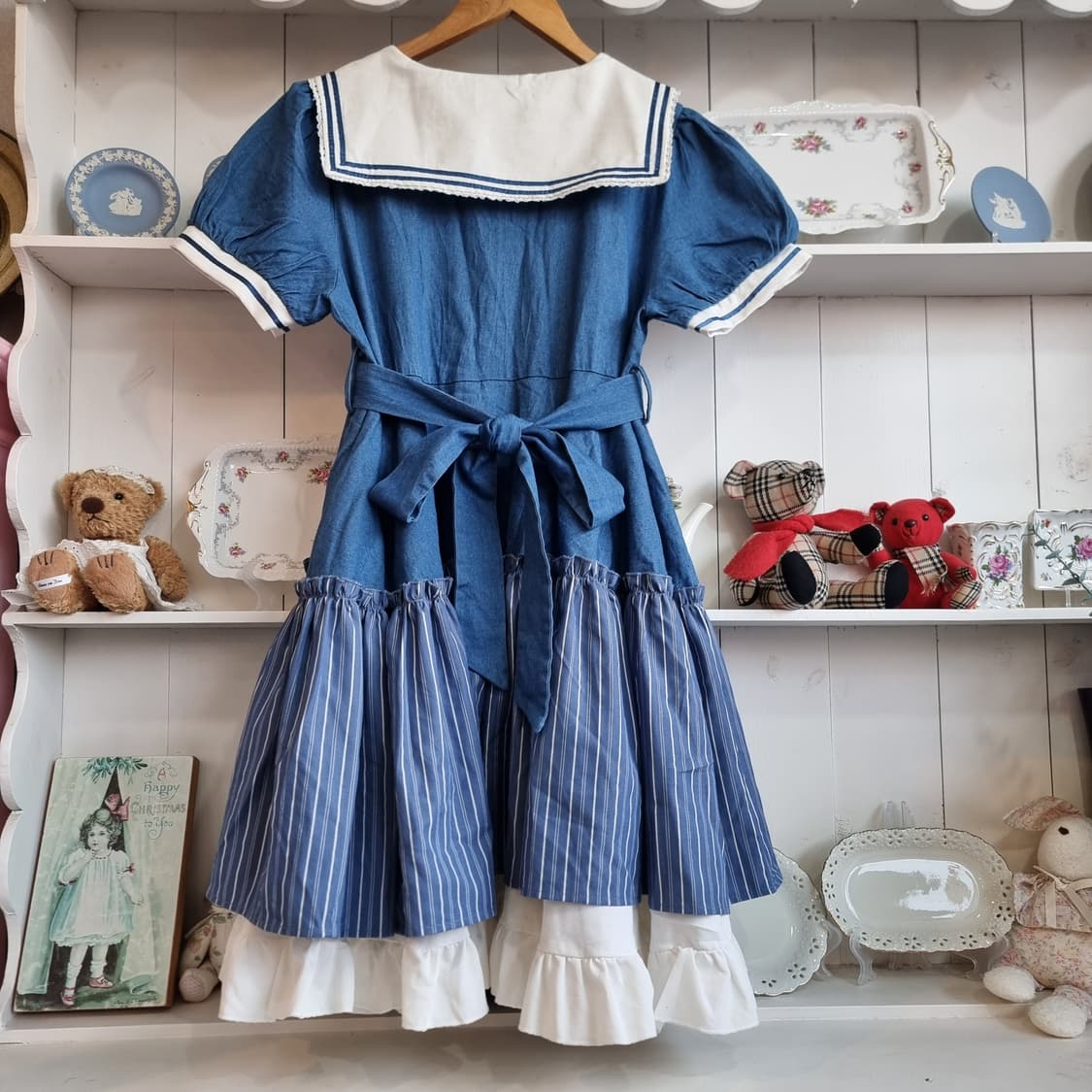 데님 세일러 원피스 청색 스트라이프 프릴 상품이미지7