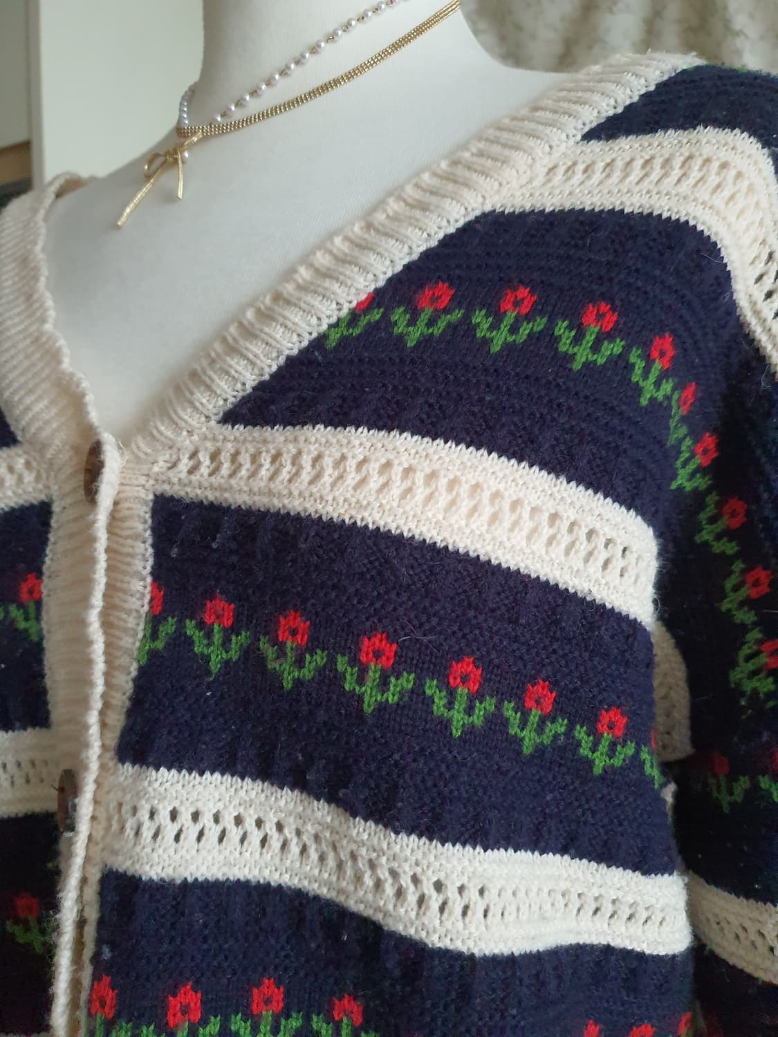 [모리걸] 플라워 패턴 스트라이프 니트 가디건 상품이미지2