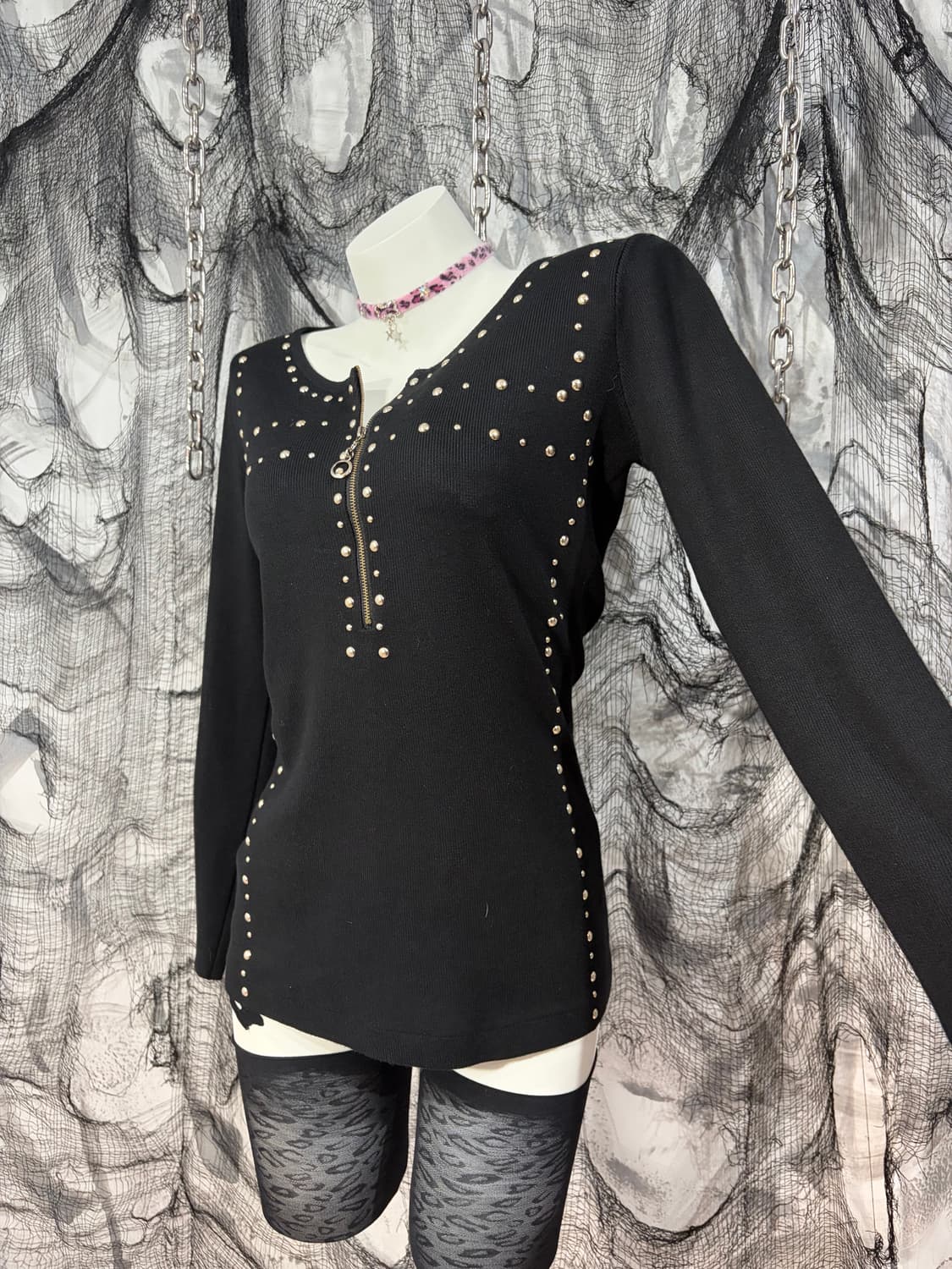 Y2K stud antique half zip-up knit long s 상품이미지5