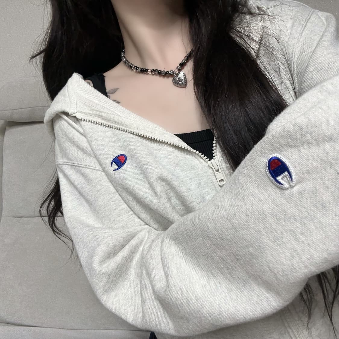 챔피온 화이트 멜란지 후드집업 상품이미지1