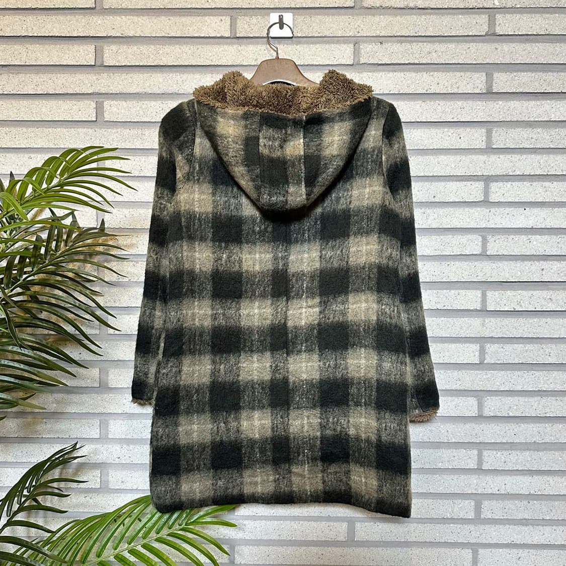 JPN VINTAGE 후드 롱 코트 체크 패턴 털 안감 디테일 그린 상품이미지2