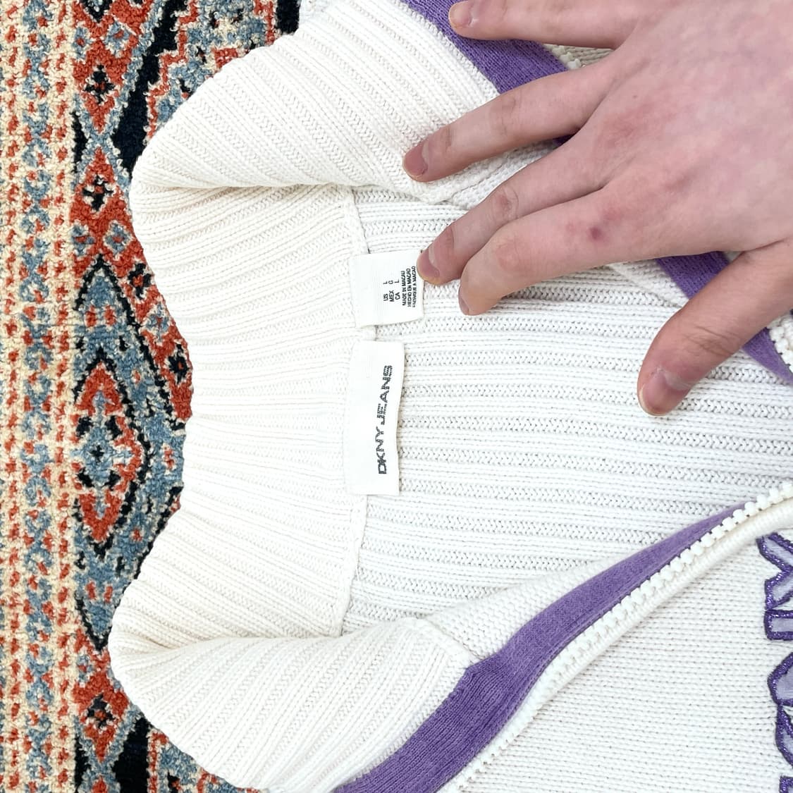 DKNY 크림 아이보리 코튼 반집업 슬림핏 니트 여성L 상품이미지3