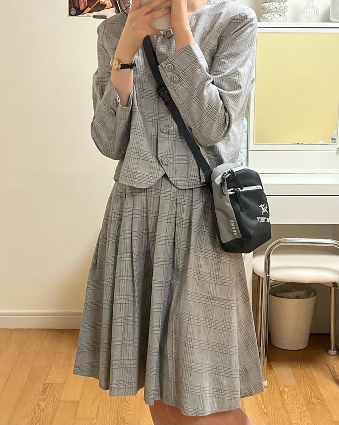 글렌체크 그레이 자켓 스커트 투피스 세트 상품이미지1